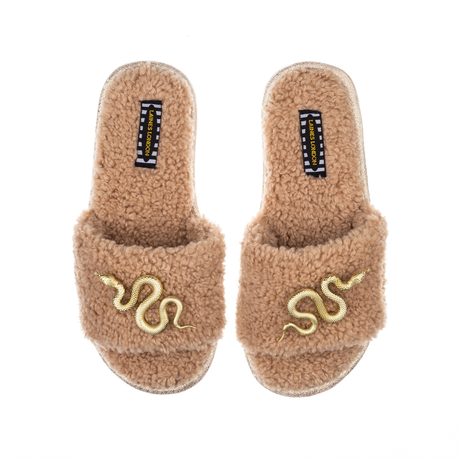 Women’s Brown Teddy Towelling Slipper Sliders With Gold Metal Snake Brooches - Toffee Large Laines London