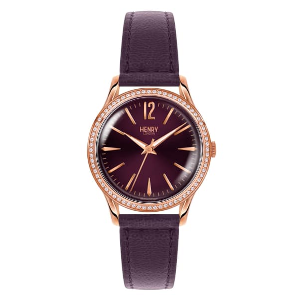 HENRY LONDON Ladies 34mm Hampstead Leather Watch With Purple Dial and Stone set Bezel