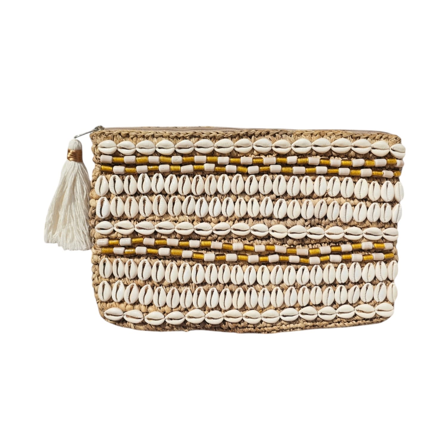 Ohsun Women's White / Neutrals Celine Raffia Cowrie Shell Clutch - Gold