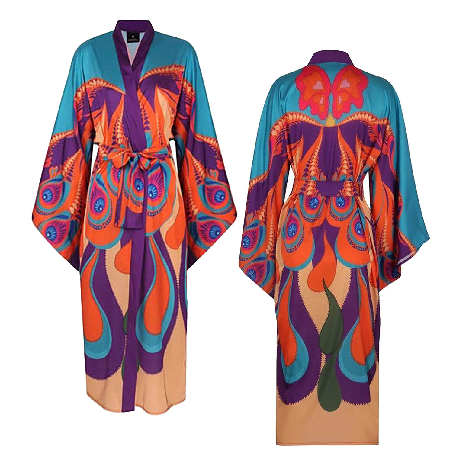 Women's Orange / Purple Larache Butterfly Print Silky Satin Kimono | One Size | Loveist Store