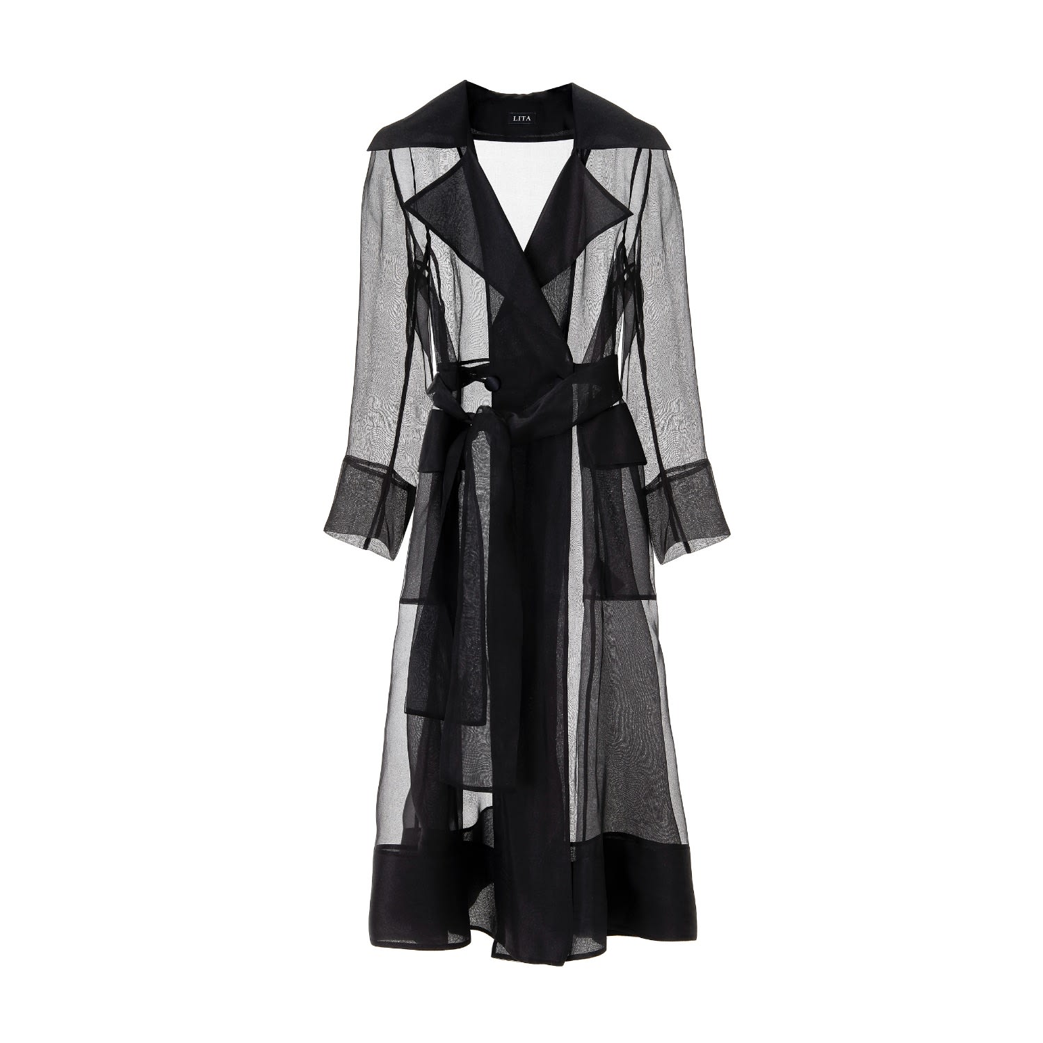 Lita Couture See Through Black Organza Trench Coat In Black