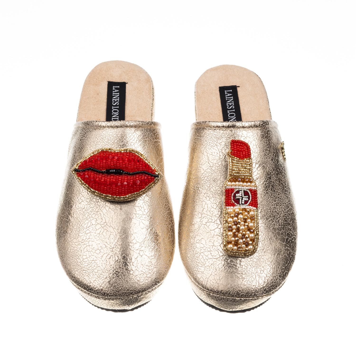 Laines London Women's  Gold Softie Slippers With Red Lipstick & Lips Brooches In Gold