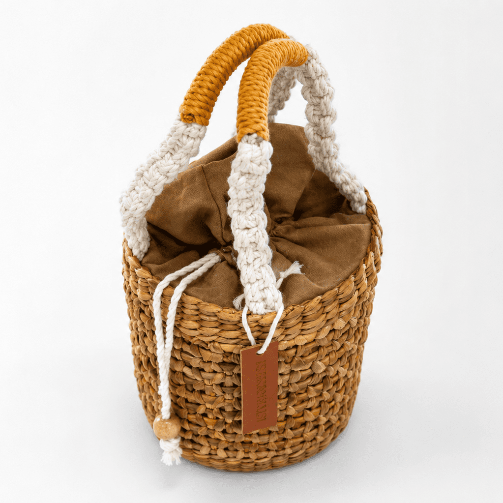 Lotus Mini Bucket Bag – Handwoven Water Hyacinth | Silk and Bears
