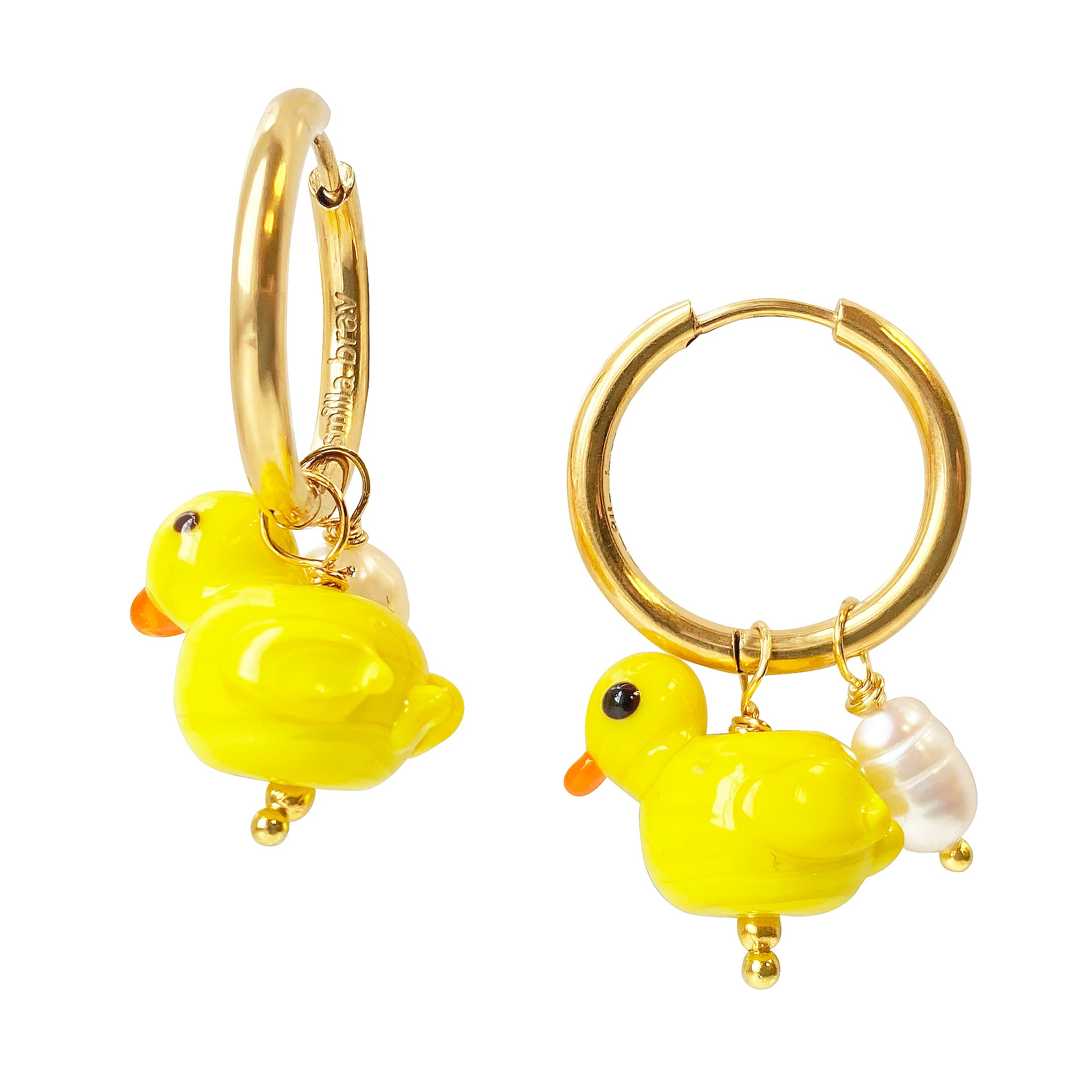 Smilla Brav Women's Yellow / Gold / White Pearl Hoop Earrings Ducky Duck In Multi