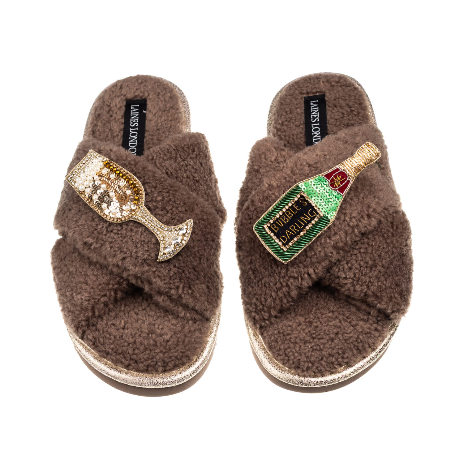 Laines London Women's Brown / Neutrals Laines Neutral Boucle Slippers With Bubbles Darling Brooches - Mink