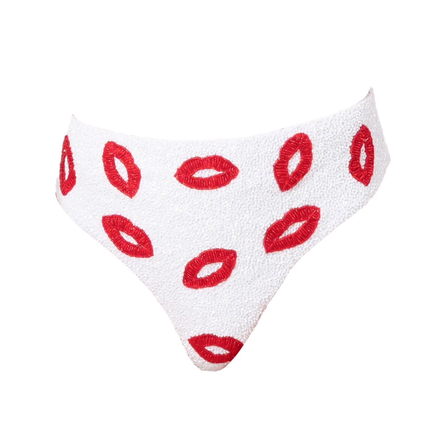 Self-adore Women's White / Red Kiss Hand-beaded Embellished High-waisted Bikini Bottom- White