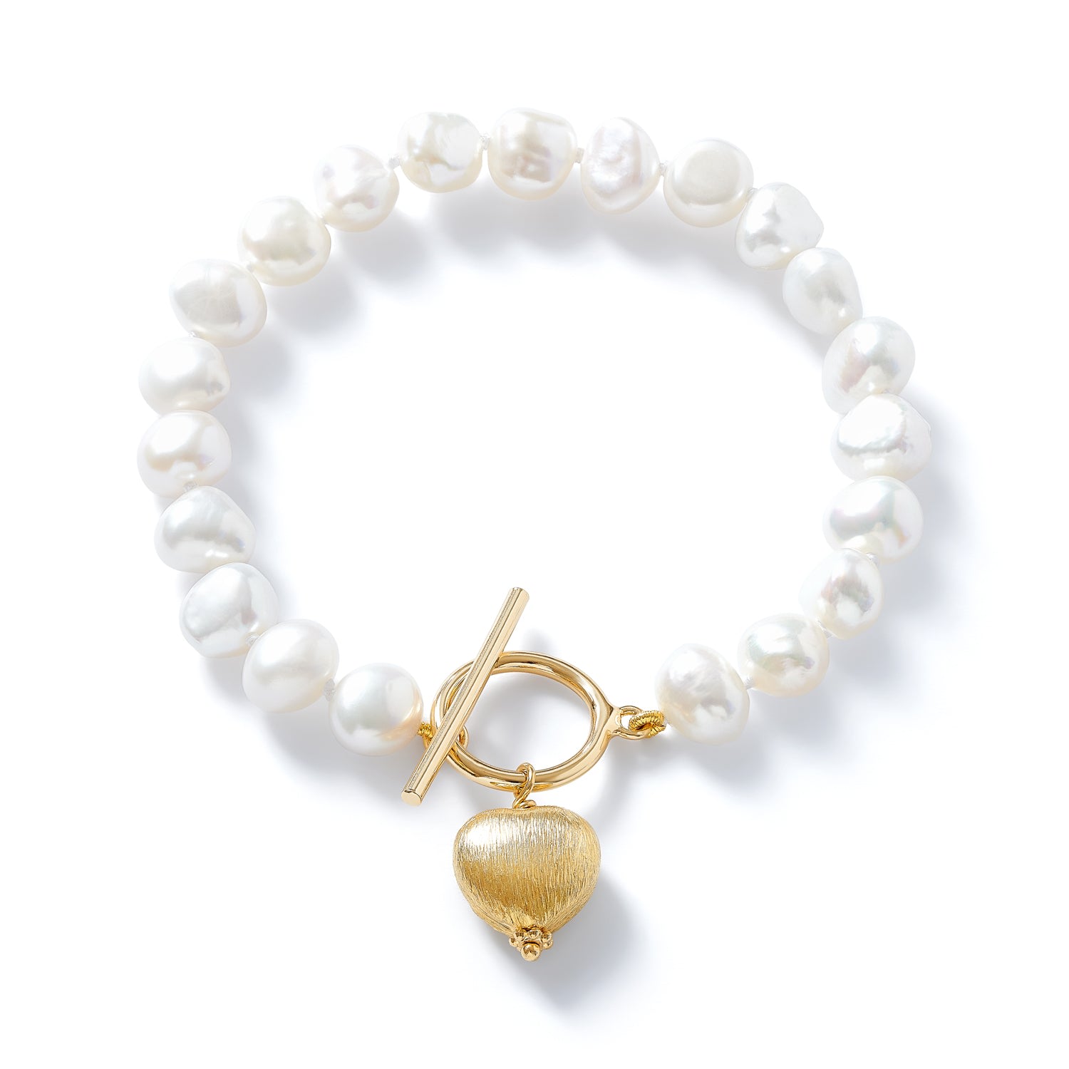 Pearls Of The Orient Online Women's White / Gold Amare White Cultured Freshwater Pearl Bracelet With Gold Brush Heart Pendant