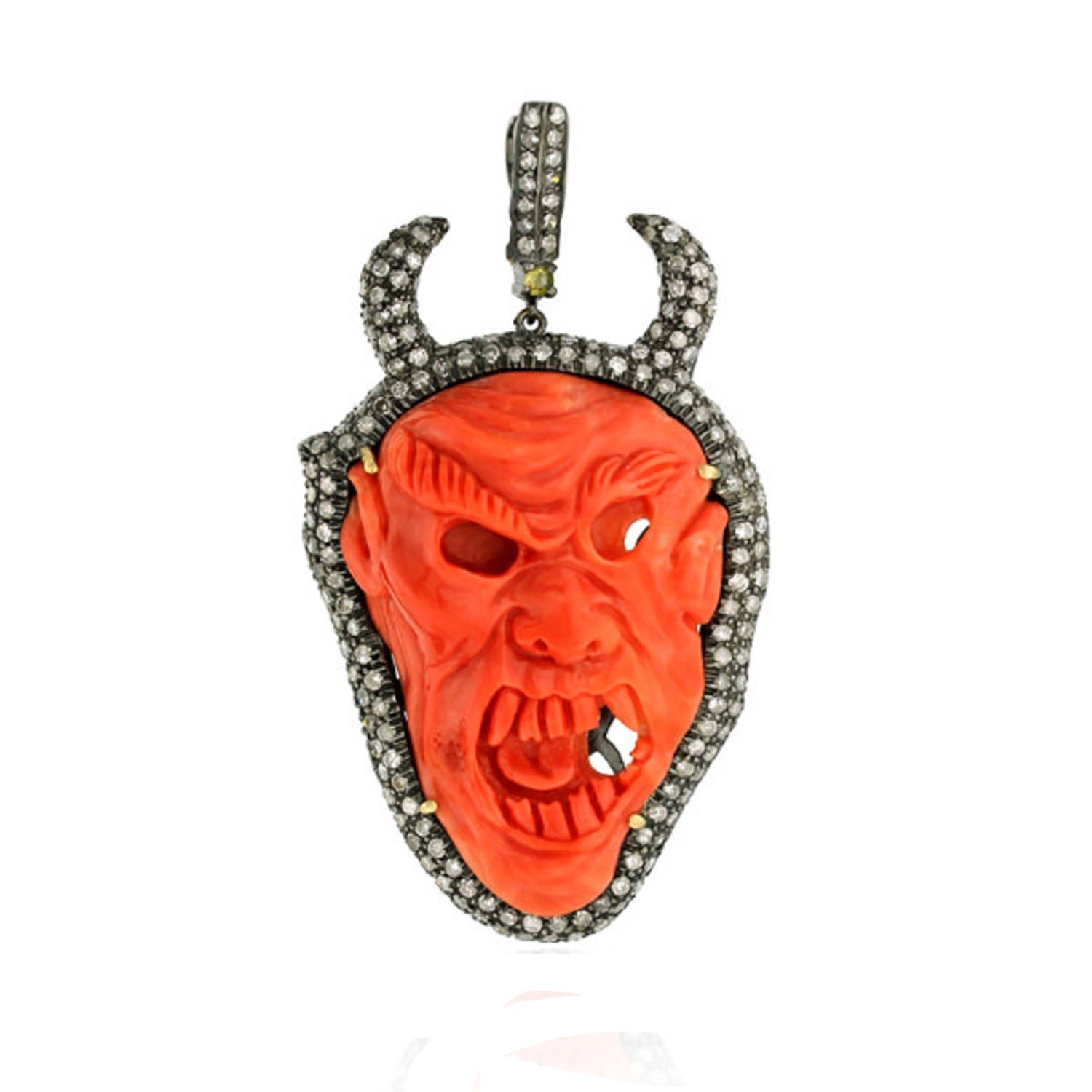 Women’s White / Yellow / Orange Pave Diamond Gold 925 Sterling Silver Gemstone Skull Pendant Carved Jewelry Artisan