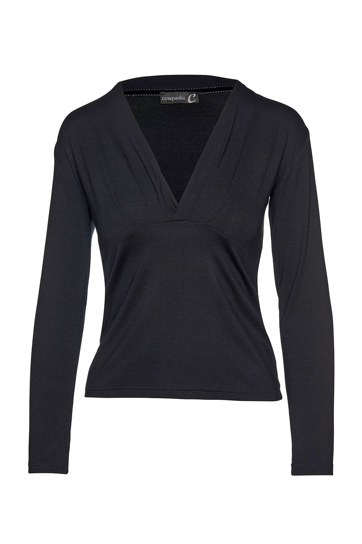Conquista Women's Elegant Black V-neck Long Sleeve Top – Heavy Jersey Stretch Blouse In Black