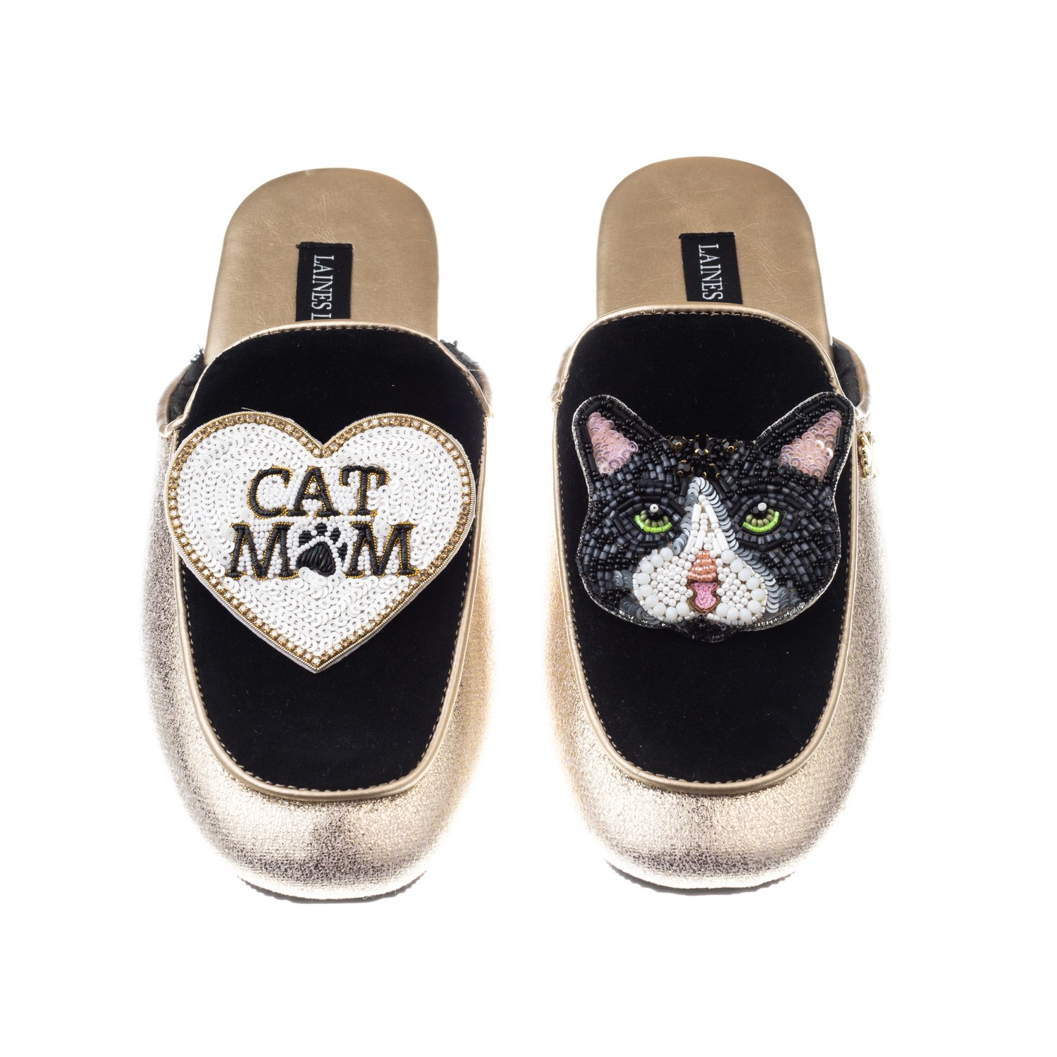 Women’s Black / Gold Classic Mules With Oreo The Black & White Cat & Cat Mum / Mom Brooches - Black & Gold Large Laines London