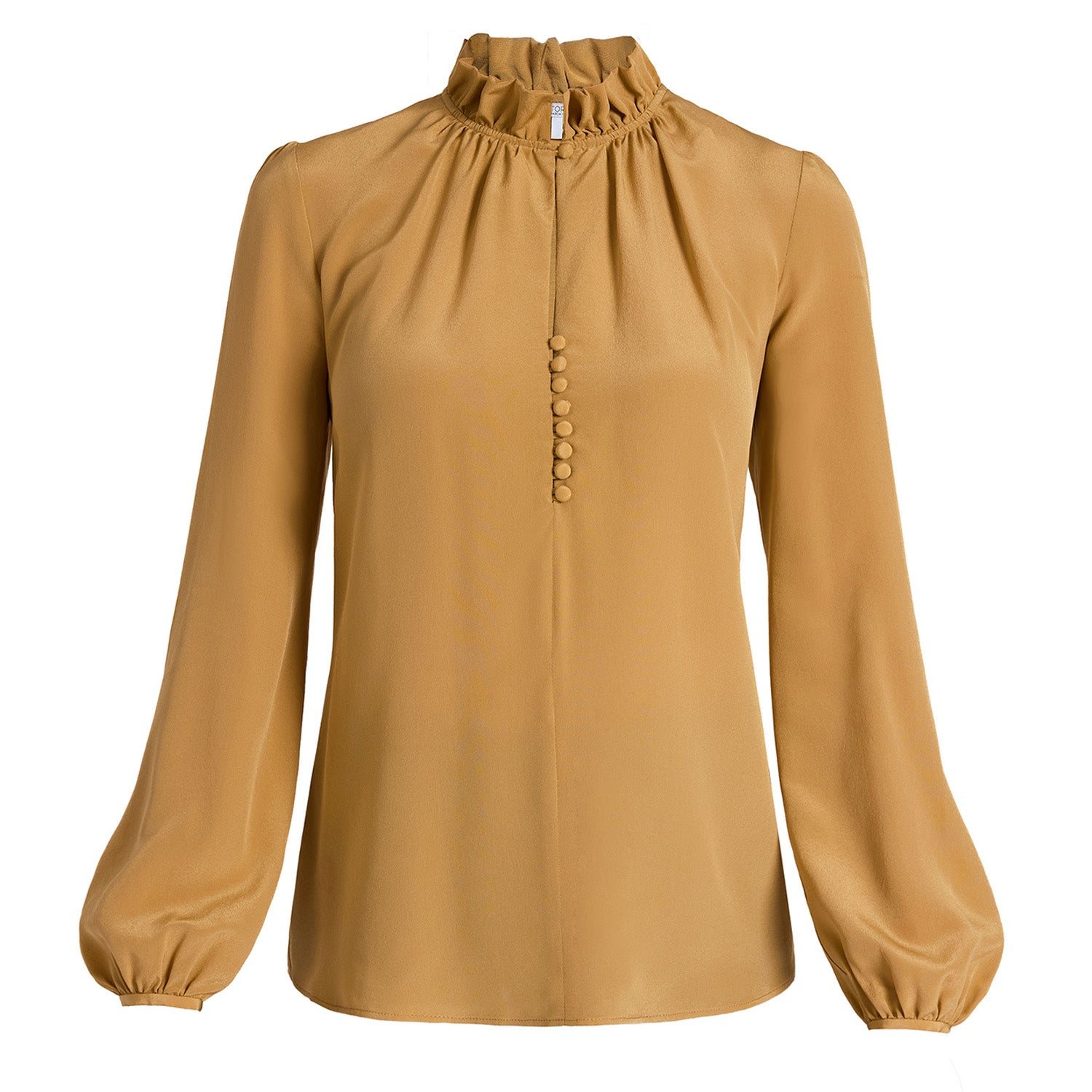 Santorelli Women's Yellow Astrid Long Sleeve Silk Ruffle-neck Top