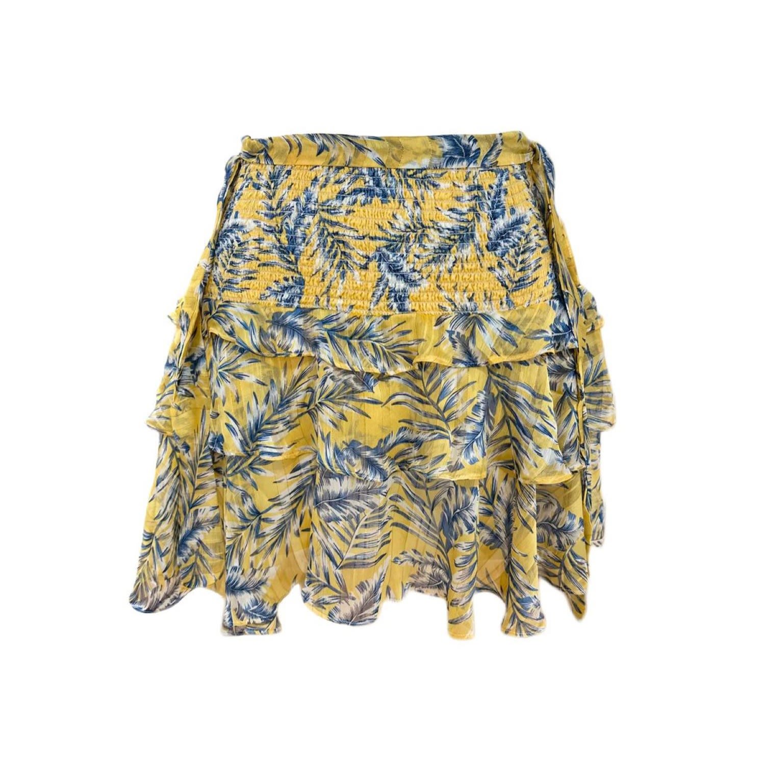 Women’s Ruffle Leaf Yellow Print Skirt With Side Tie Details Extra Small Najela London