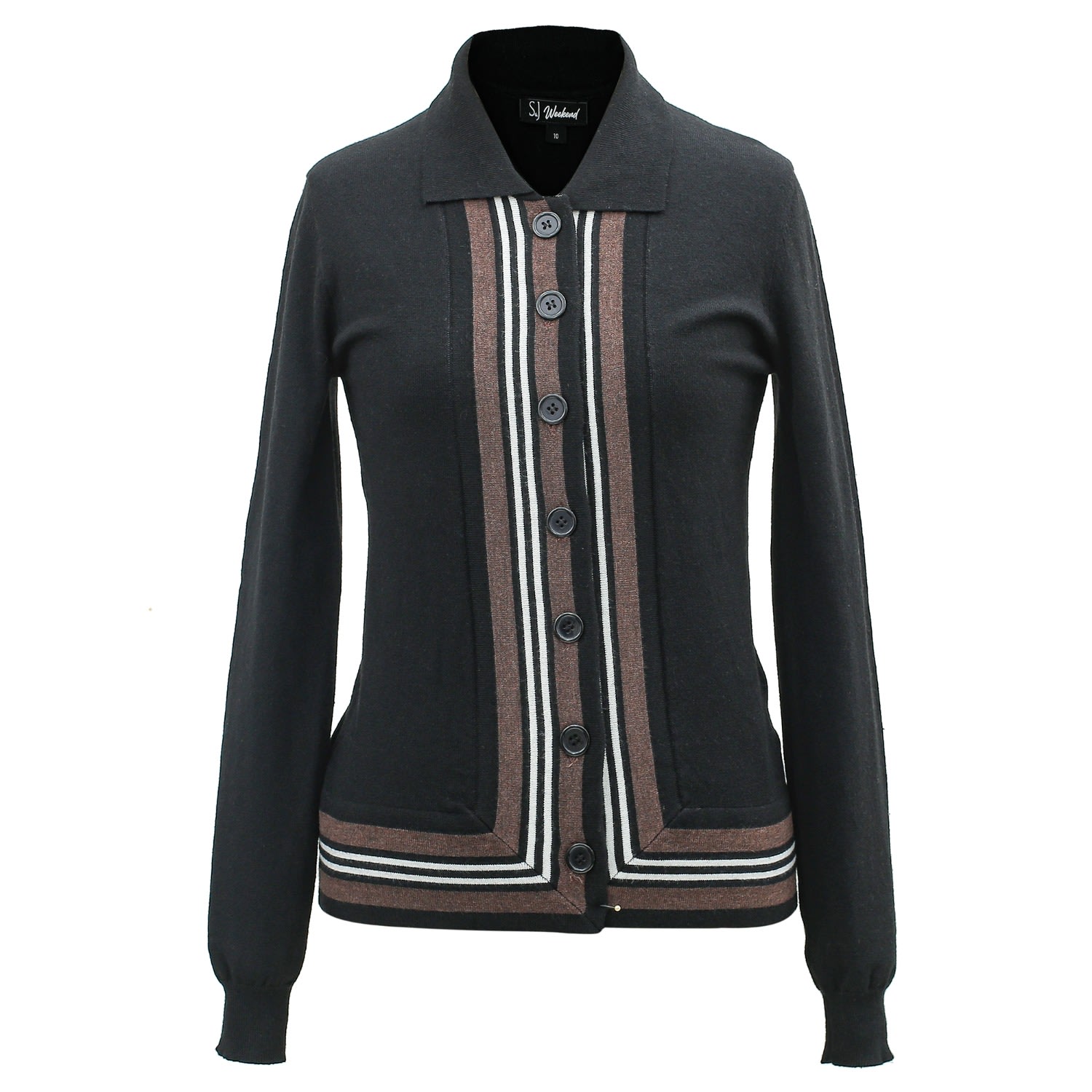 Smart And Joy Women's Brown Cardigan With Contrasting Edges- Black And Coffee In Brown