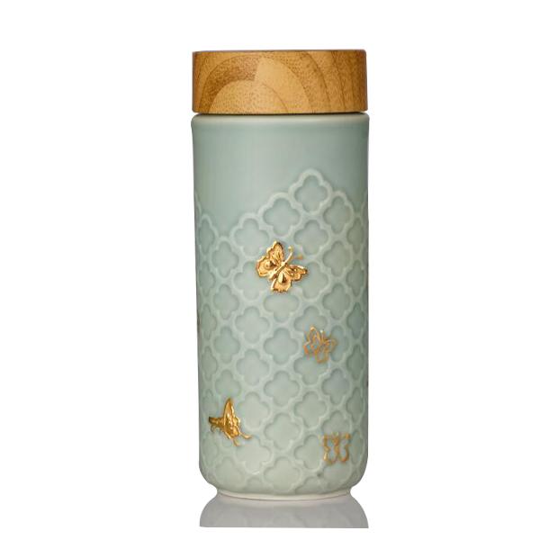 Acera Green / Gold Butterfly Tea Tumbler - Mint Green And Hand- Gold, Green