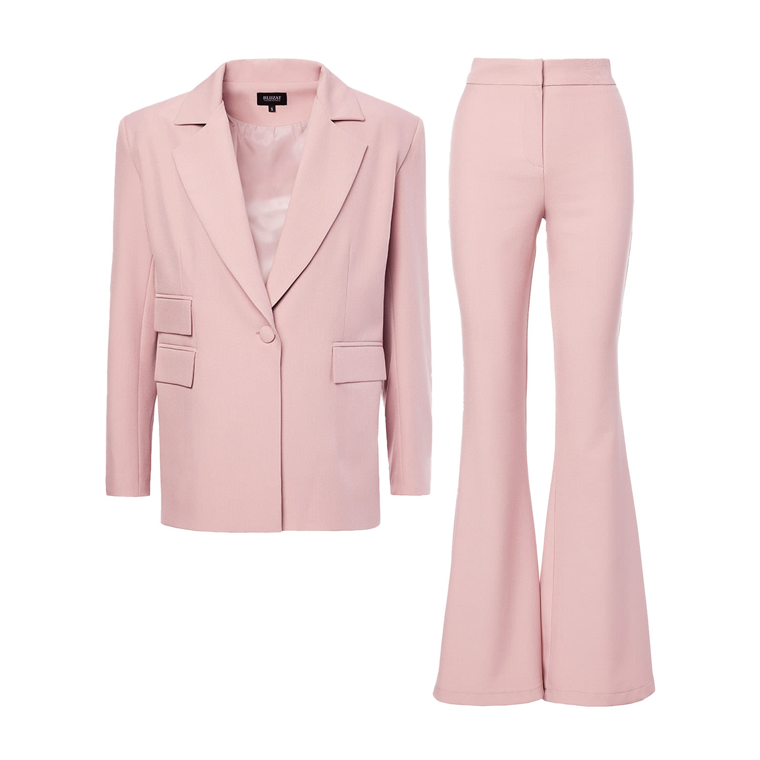 Women’s Pink / Purple Pastel Pink Suit With Regular Blazer With Double Pocket And Flared Trousers Extra Small Bluzat