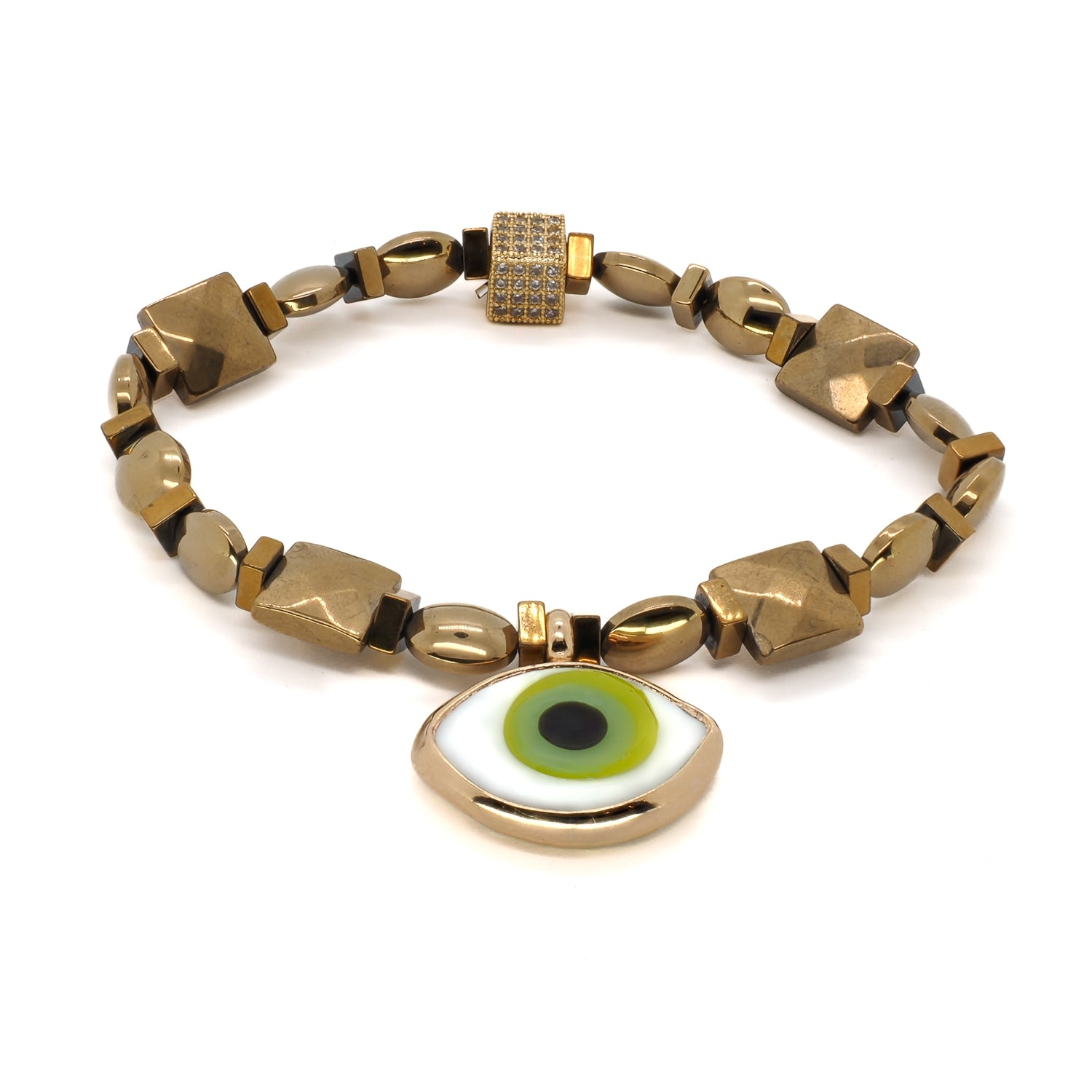 Women’s White / Gold / Green Green Eye Vitality Gold Beaded Bracelet - Gold Ebru Jewelry