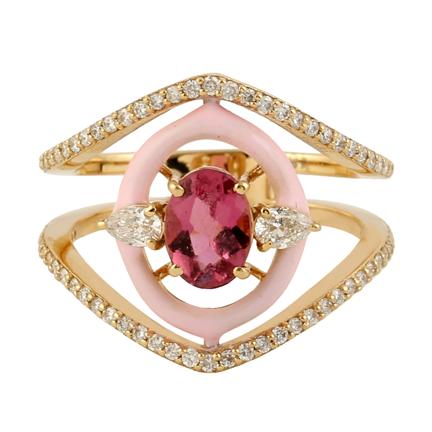 Women’s Pink / Purple / Gold Oval Cut Pink Tourmaline & Pave Pear Cut Diamond In 18K Gold Enamel Designer Ring Artisan