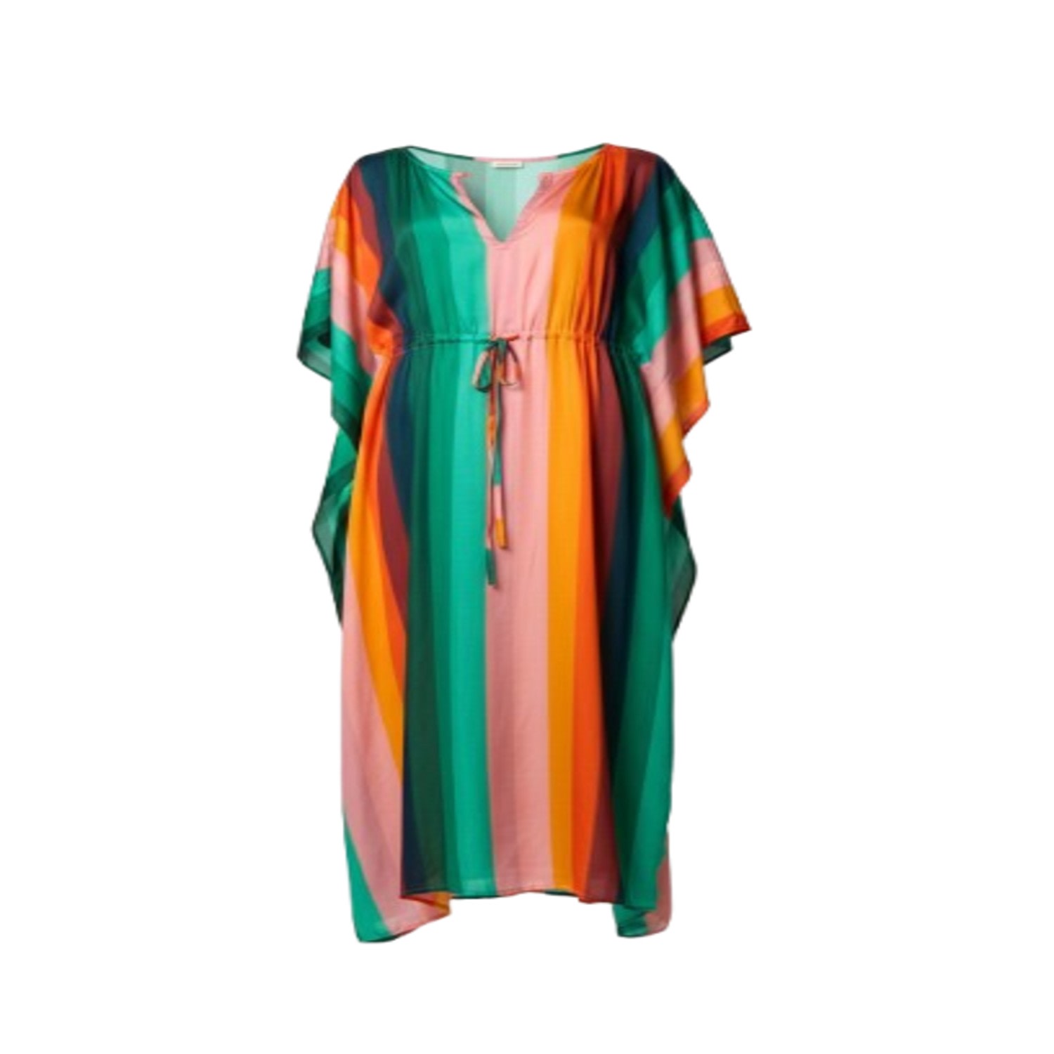 Saachi Women's Multicolor Striped Tie Waist Keyhole Green Kaftan