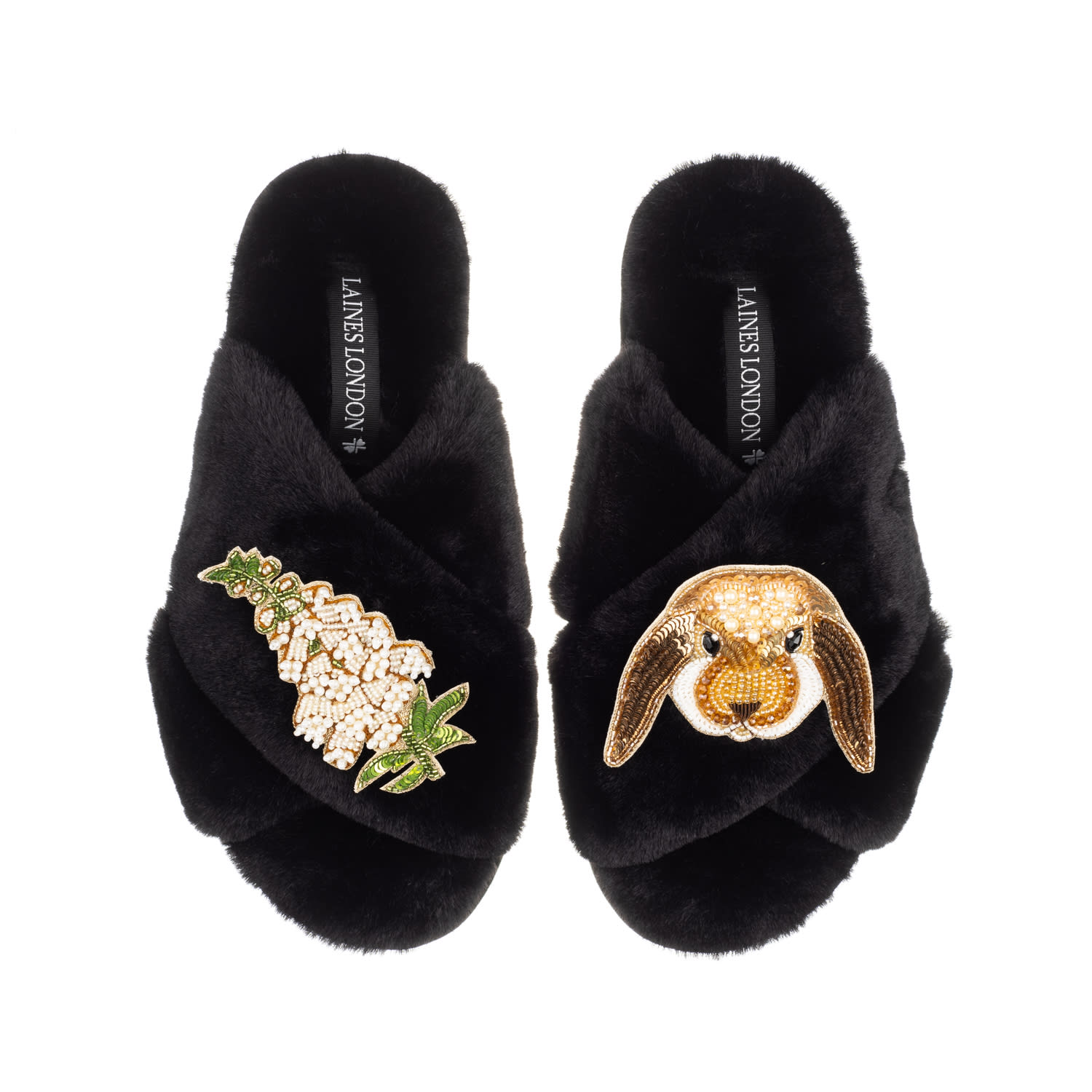 Laines London Women's Classic Laines Slippers With Bunny & White Foxglove Flowers Brooches - Black In Black