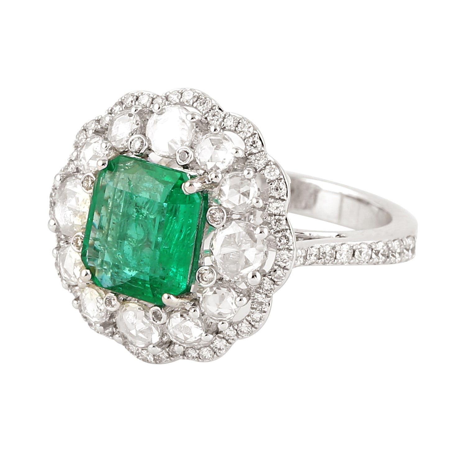 Women’s White / Green 18K White Gold In Princess Cut Emerald & Round Diamond Clover Shape Cocktail Ring Artisan