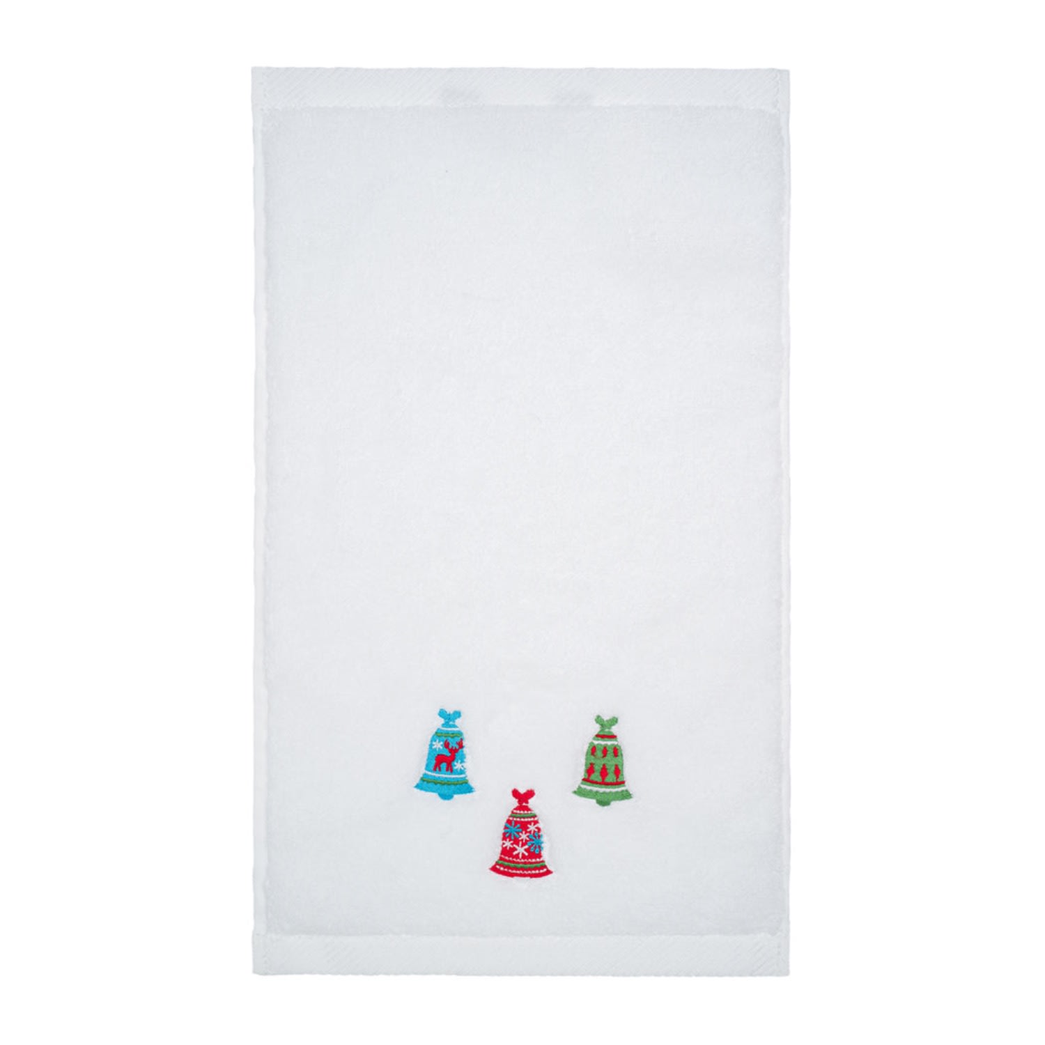 Km Home Collection White Christmas Bells Embroidery Hand Towel In White
