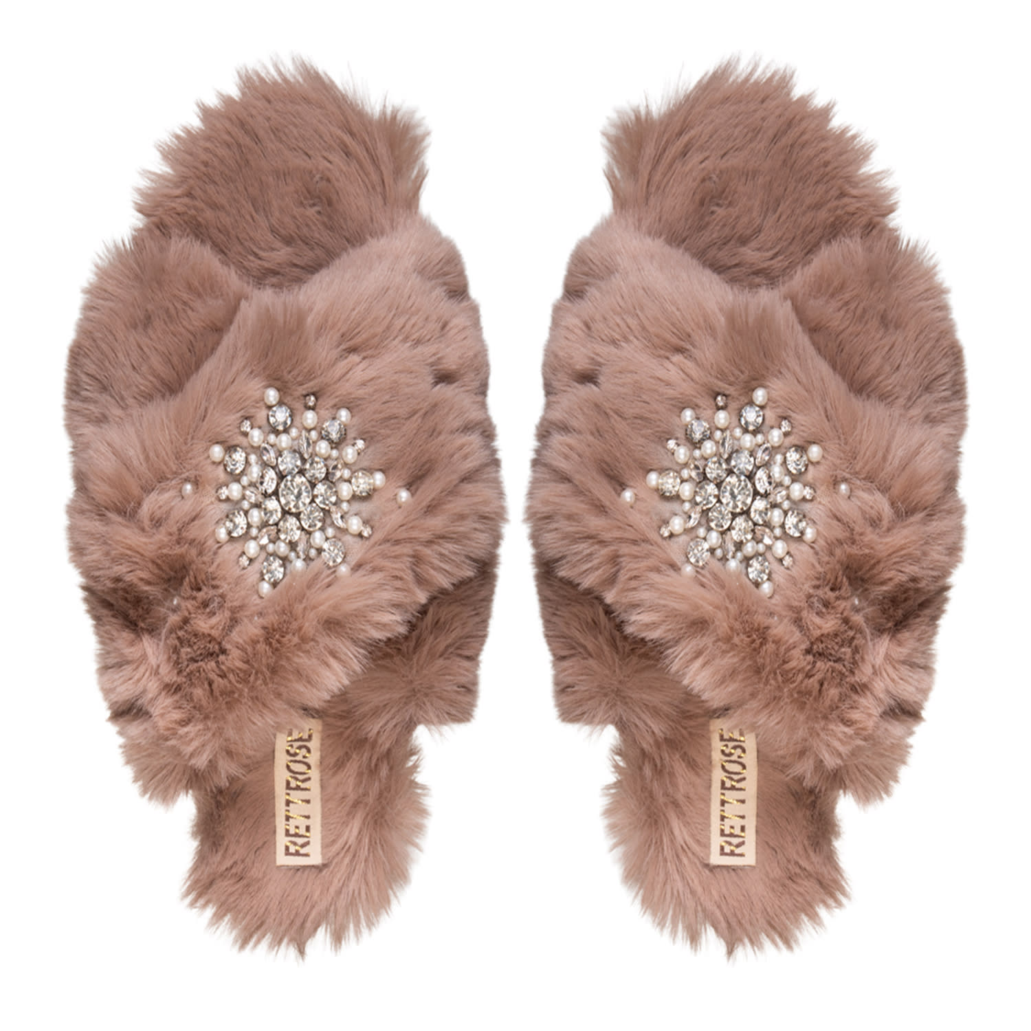 Rettrose Women's Neutrals Alice Mink Luxury Plush Diamanté Embellished Handmade Slipper