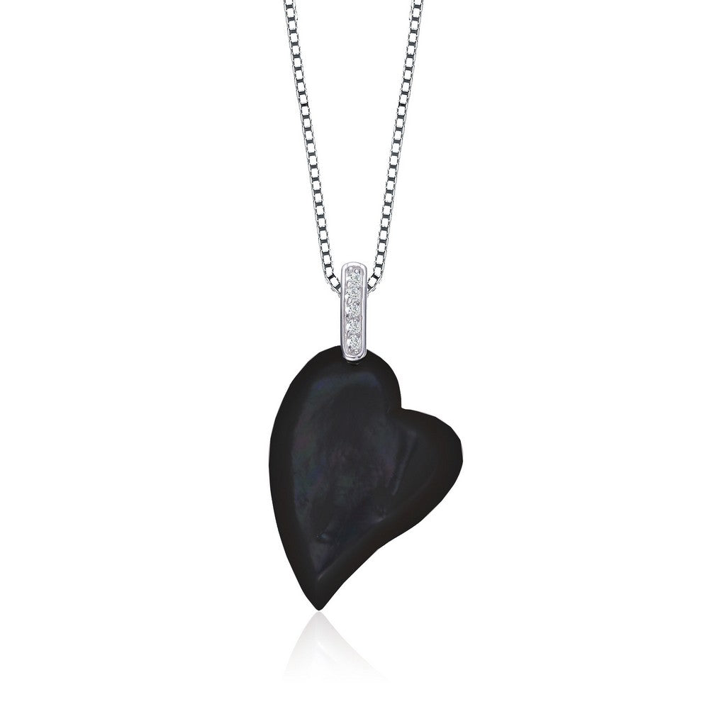 Women’s Black / Silver Cz Sterling Silver Rhodium Plated Heart Shape Black Mother Of Pearl Pendant Genevive Jewelry