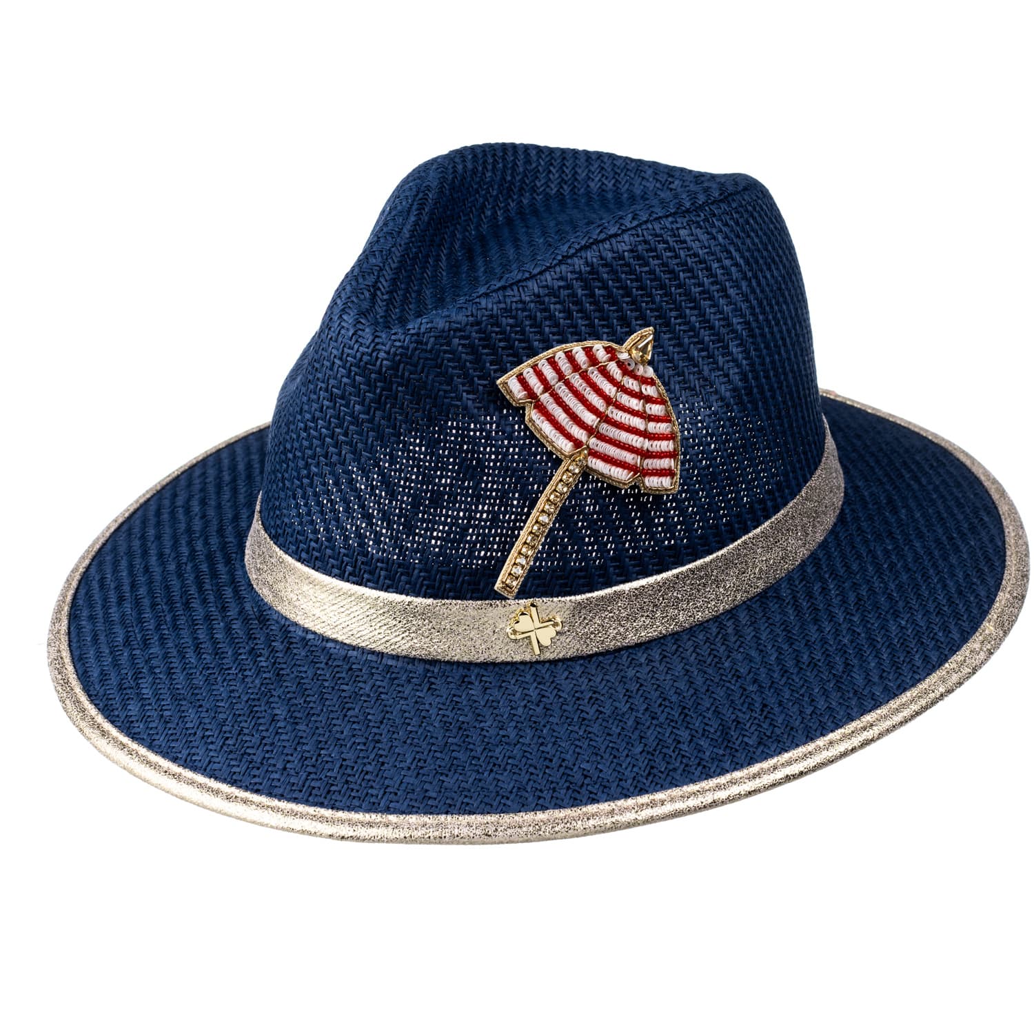 Straw Woven Hat With Gold Metal Snake Brooch - Navy