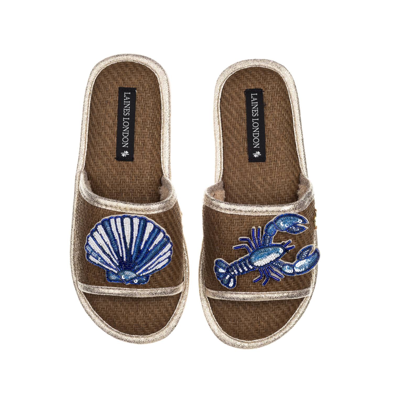 Laines London Women's Brown Straw Braided Sandals With Mediterranean Blue Shell & Lobster Brooches - Caramel In Brown
