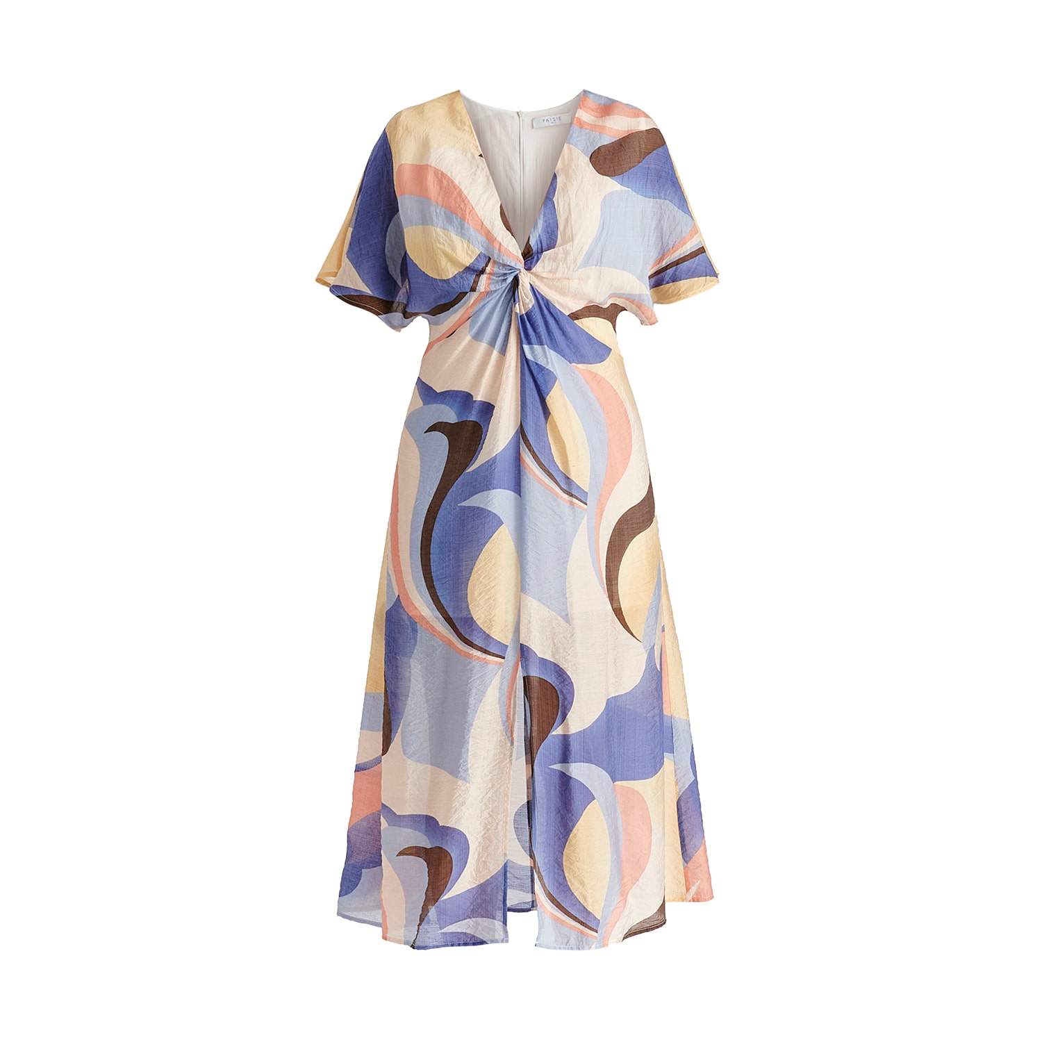 Paisie Women's Retro Wave Midi Dress With Twist Detail Blue, Brown, Pastel Yellow, Pink And White