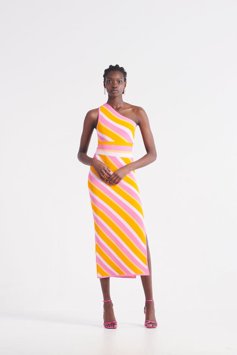 St Tropez One Shoulder Knit Dress - Tropicana Stripe | St Cloud Label |  Wolf u0026 Badger