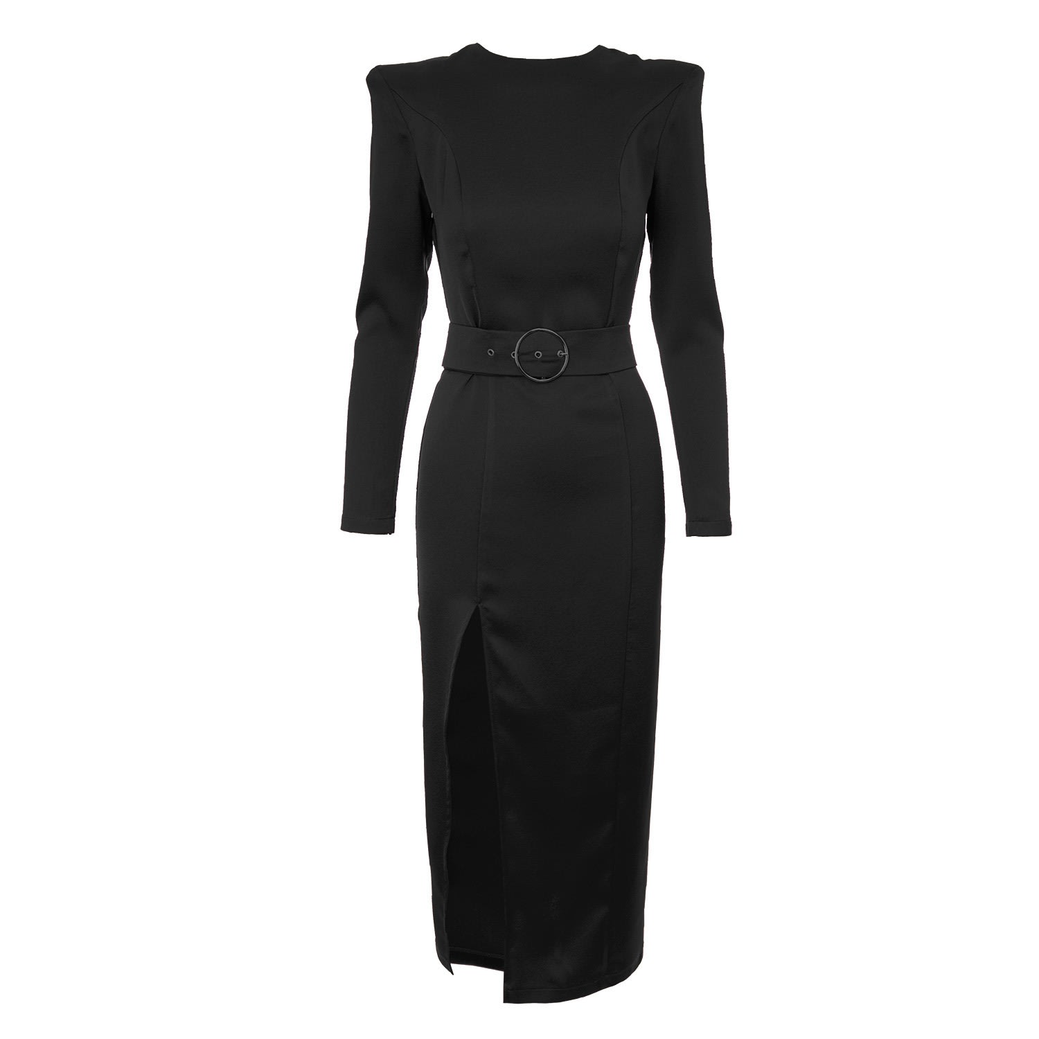 Bluzat Women's Midi Black Dress With Overized Shoulders And Slit In Black