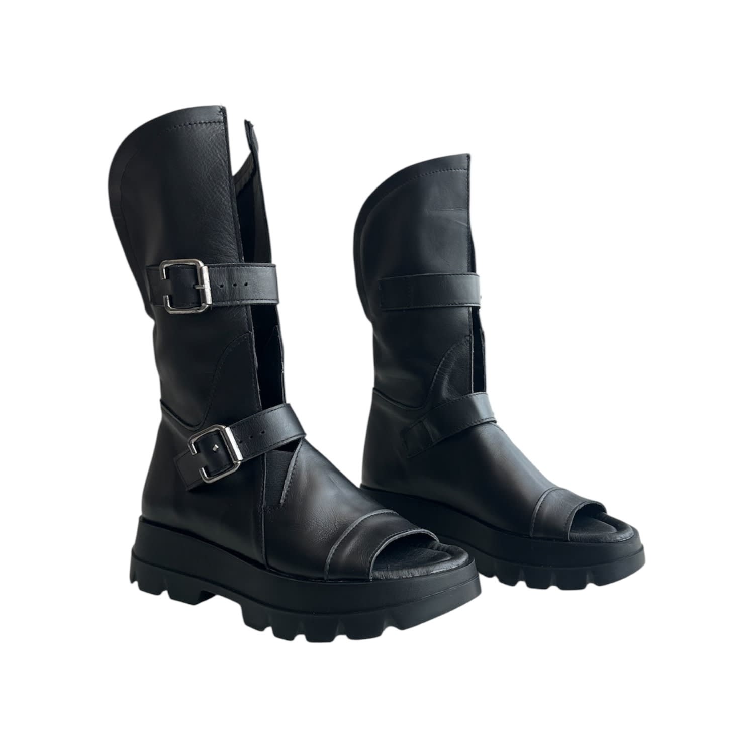 Adrenaline Fashion Women's Designer Summer Boots – Genuine Leather, Open Toe, Black Chunky Sole With Buckle Straps In Black