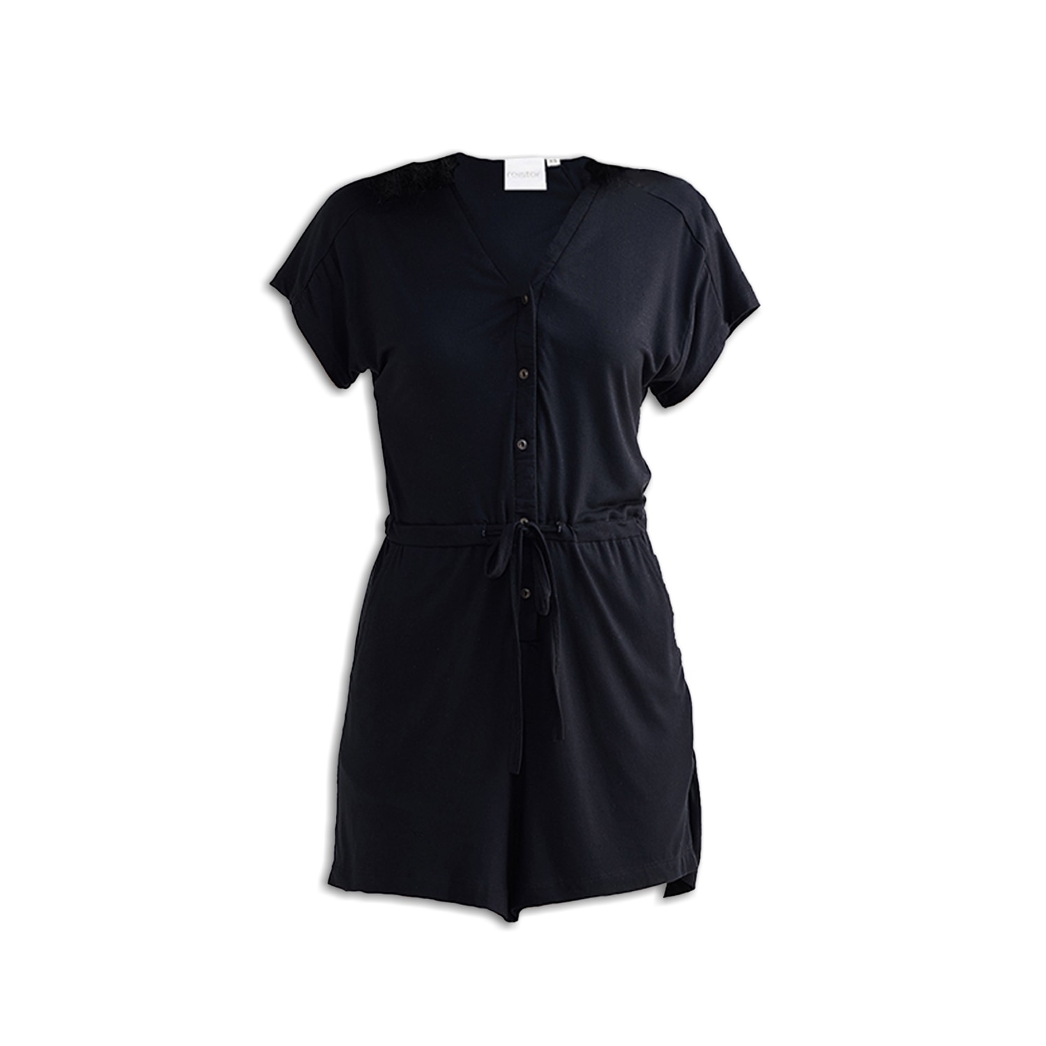 Reistor V Neck Drawstring Knit Romper In Black In Black