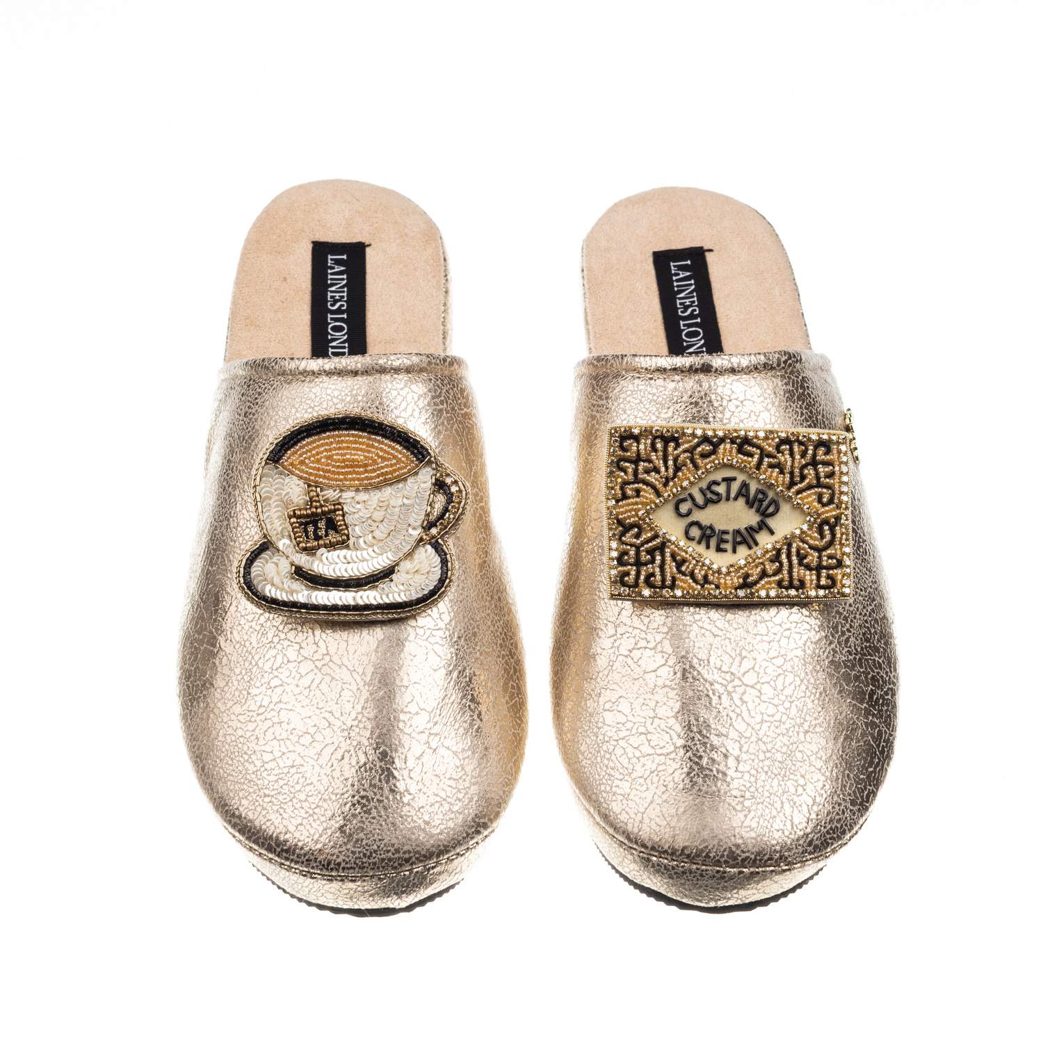 Laines London Women's  Gold Softie Slippers With Tea & Biscuit Brooches In Gold