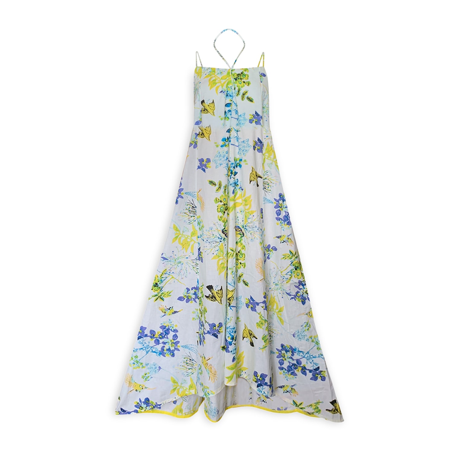 Women’s Open Back Cotton Flare Dress Cross Back Drawstrings With Tassels Bird Print Blue Yellow Small Pick Happy