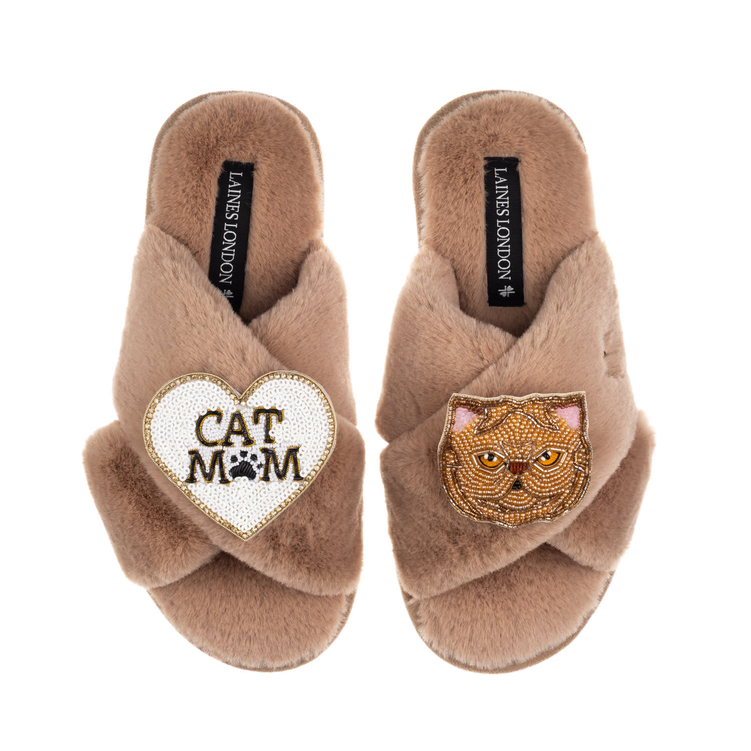 Laines London Women's Brown / Neutrals Classic Laines Slippers With Cat Mum/mom & Ginger Persian Cat Brooches - To In Brown