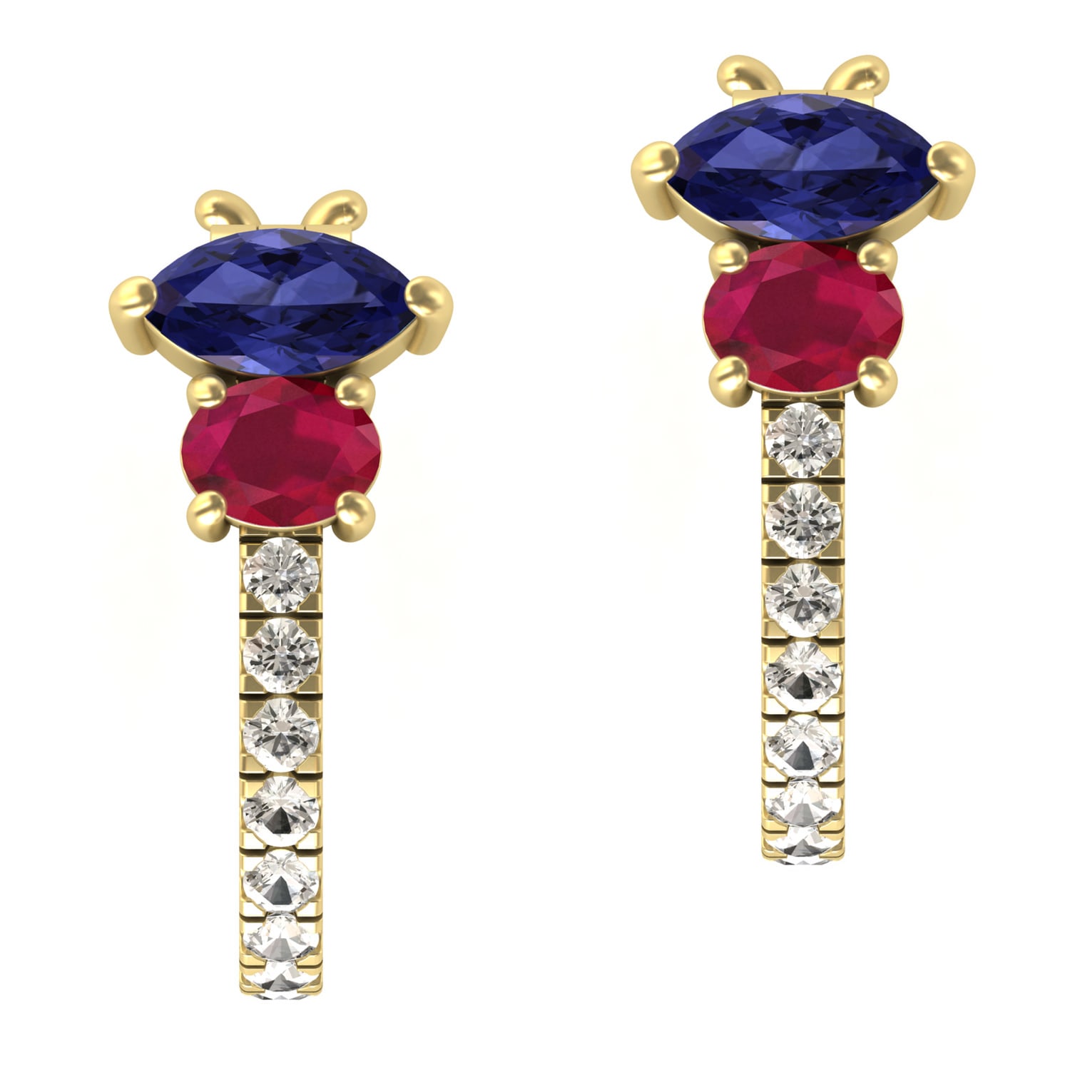Artisan Women's Blue / White Blue Sapphire & Ruby Pave Diamond Hoop Earrings In Yellow Gold