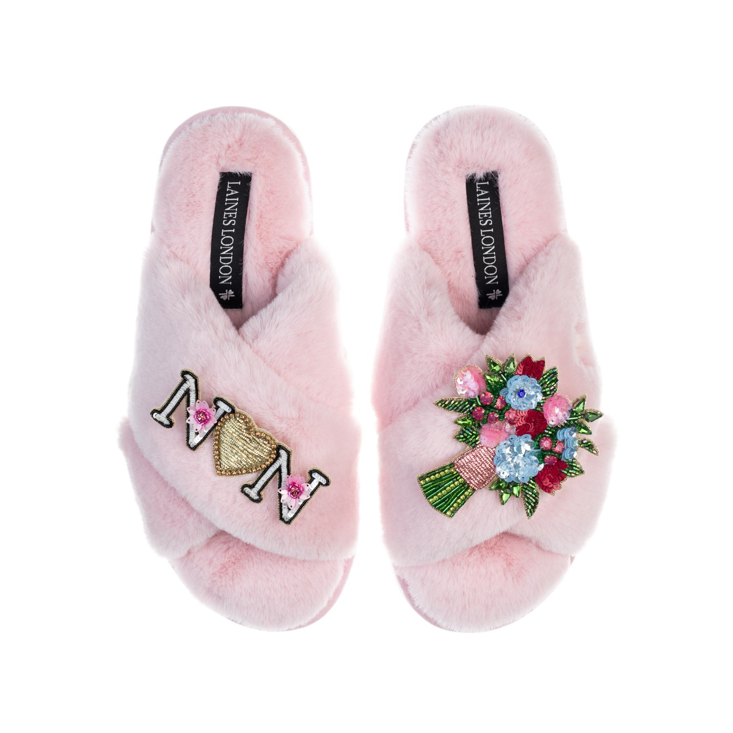 Laines London Women's Pink / Purple Classic Laines Mother's Day Slippers With Floral Bouquet & Nan Brooches - Pink