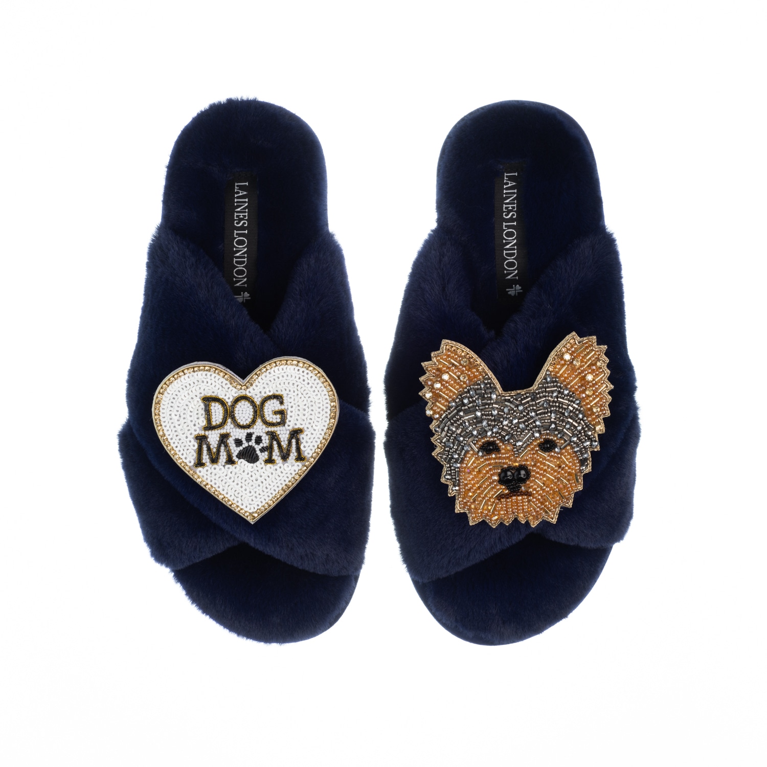 Laines London Women's Blue Classic Laines Slippers With Minnie Yorkie & Dog Mum / Mom Brooches - Navy In Blue