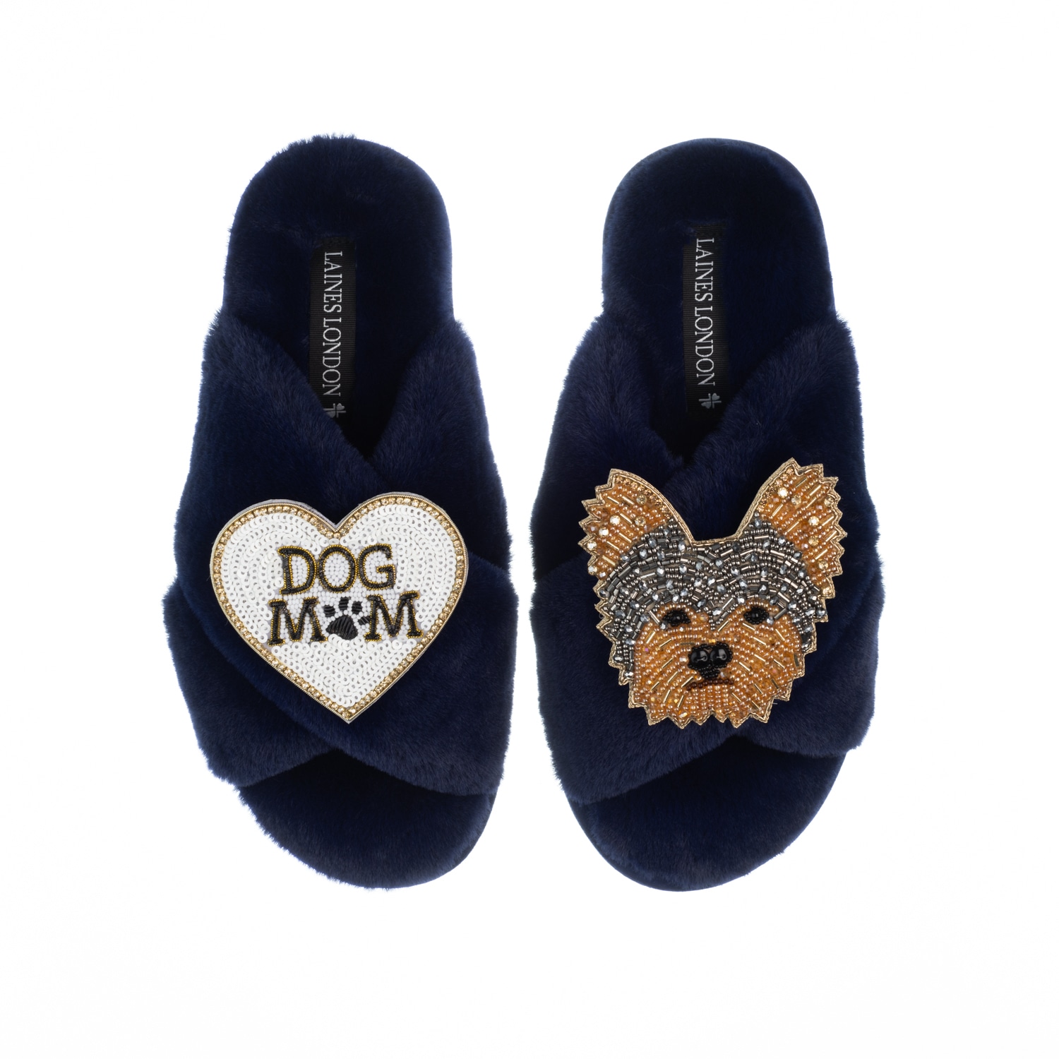 Women’s Blue Classic Laines Slippers With Minnie Yorkie & Dog Mum / Mom Brooches - Navy Large Laines London