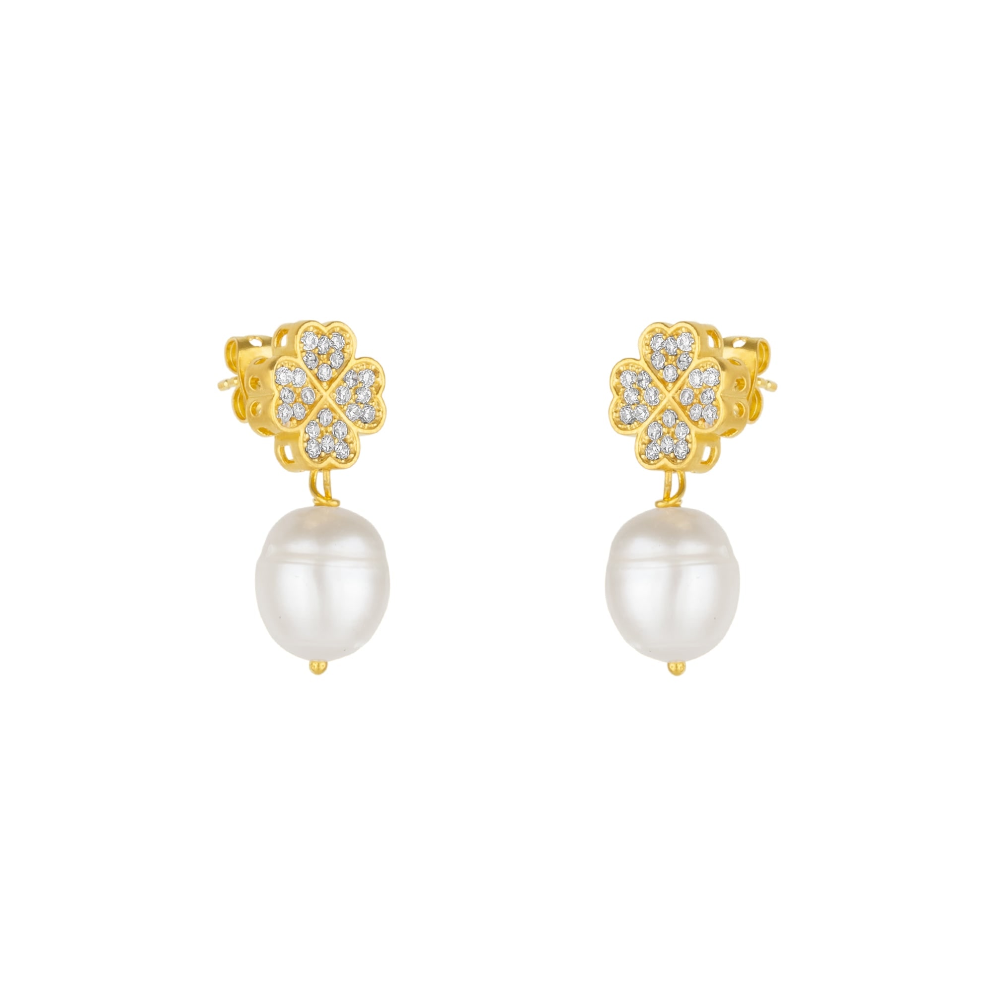 Mejoma Women's Gold / White Four Leaves Clover Stud Pearl Drop Earring In Gold With White Gemstones