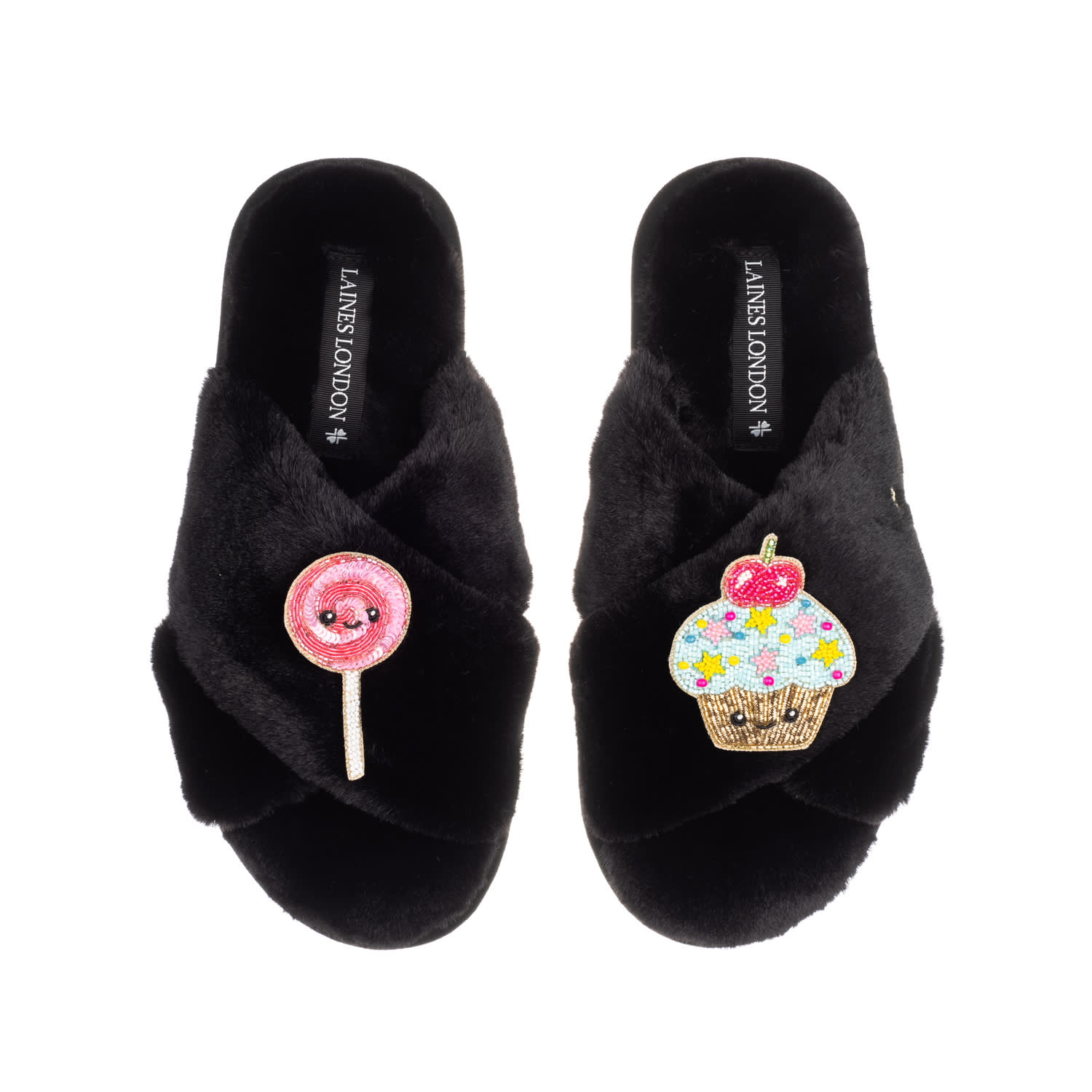 Laines London Women's Classic Slippers With Laines Loveables Lollipop & Cupcake Brooches - Black In Black