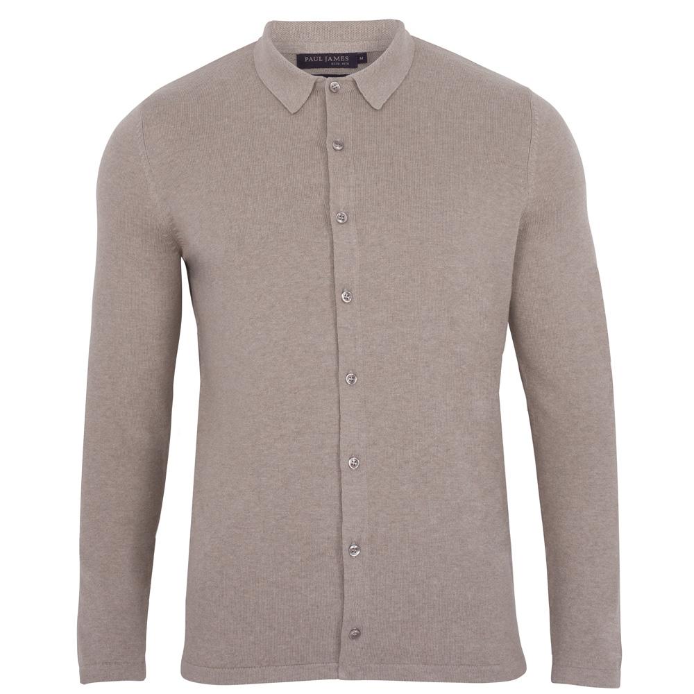 Paul James Knitwear Neutrals Mens Cotton Arthur Knitted Shirt - Fawn
