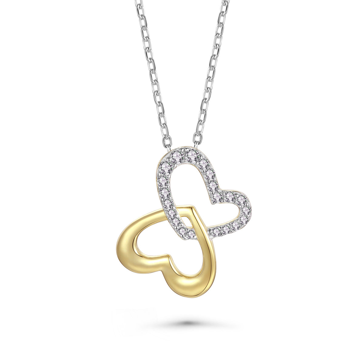 Women’s Gold / White Yellow Gold Plated With Diamond Cubic Zirconia Double Heart Butterfly Pendant Necklace In Sterling Silver Genevive Jewelry