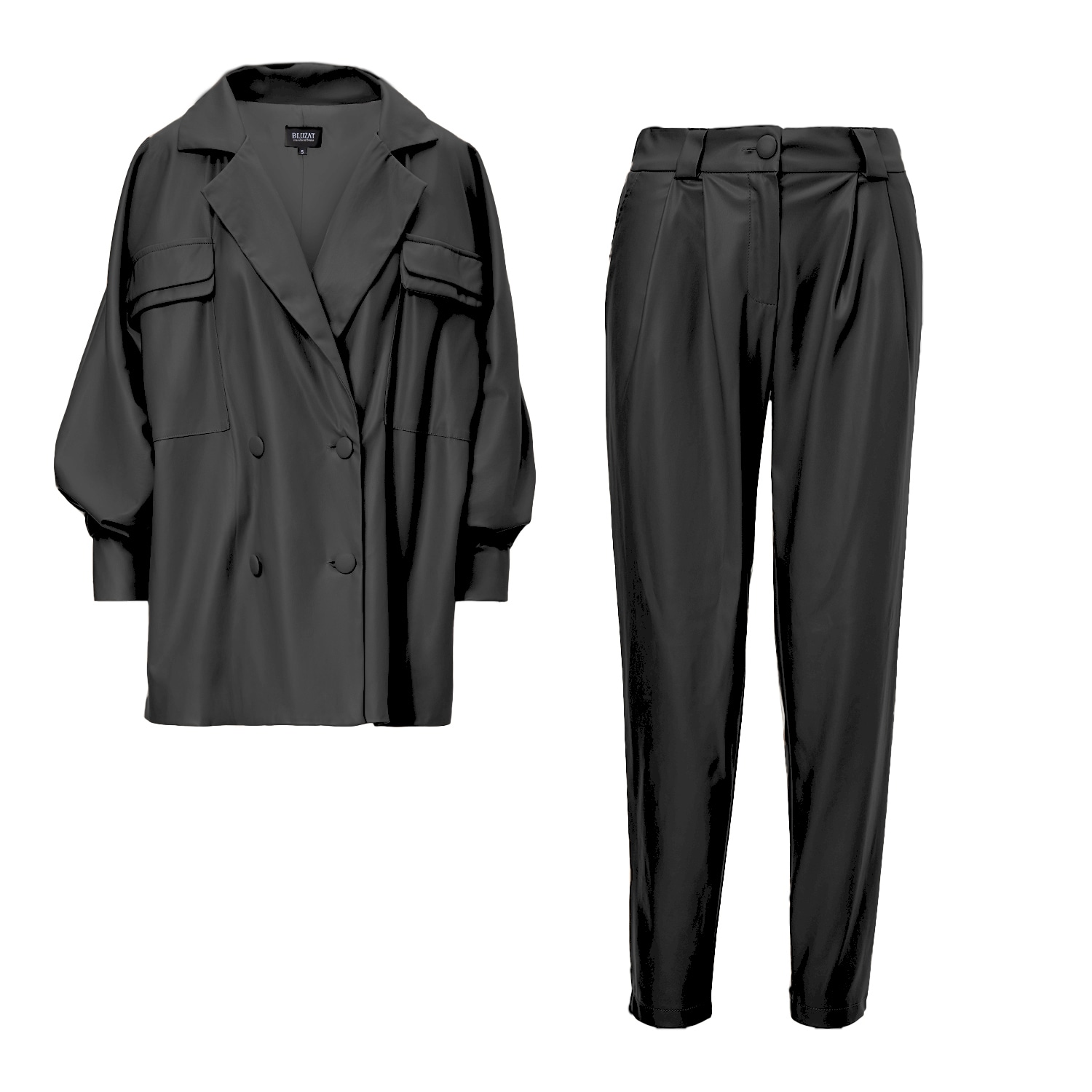 Black Leather Suit With Oversized Blazer And High-Waist Slim Fit Trousers Medium Bluzat