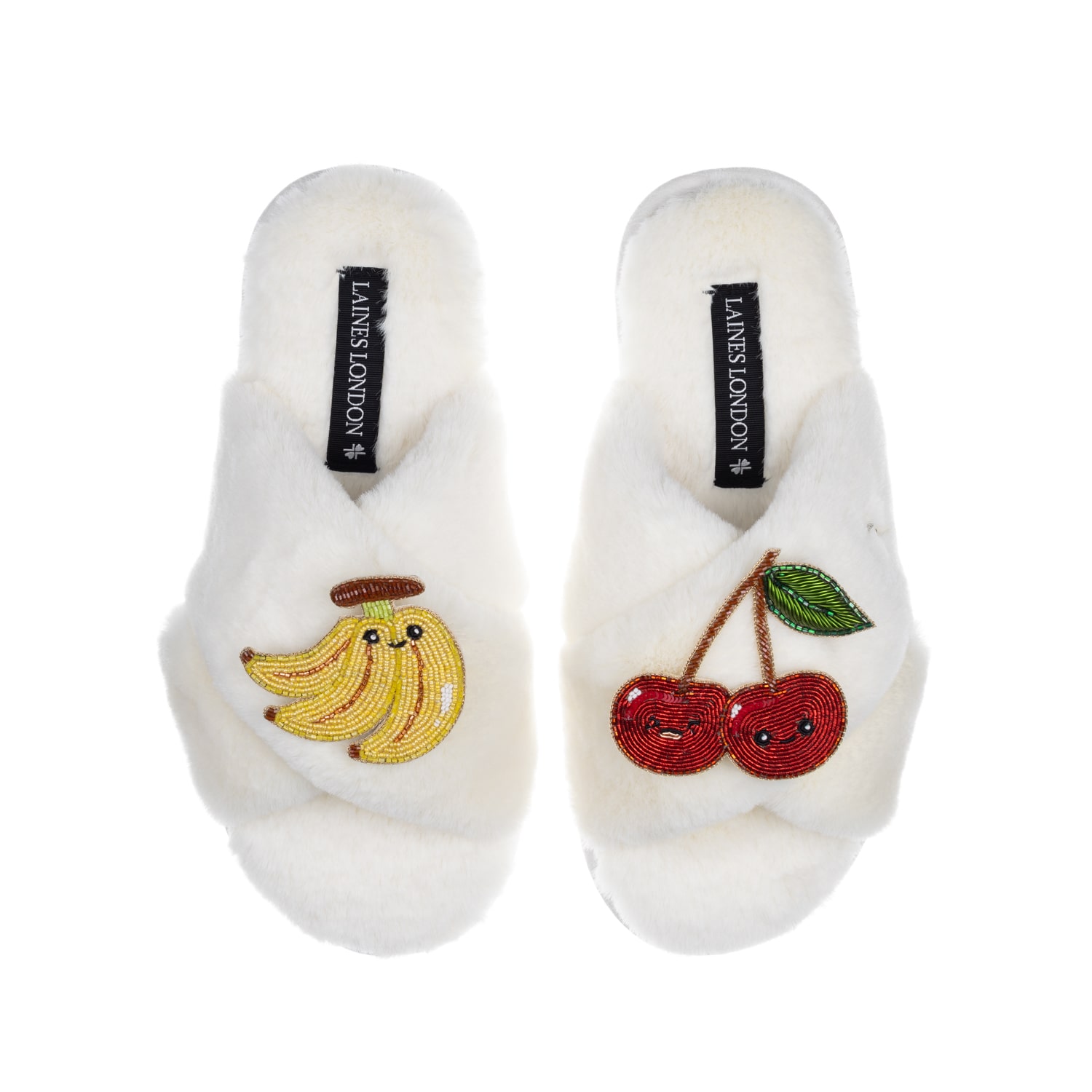 Laines London Women's White Classic Slippers With Laines Loveables Banana & Cherry Brooches - Cream In White