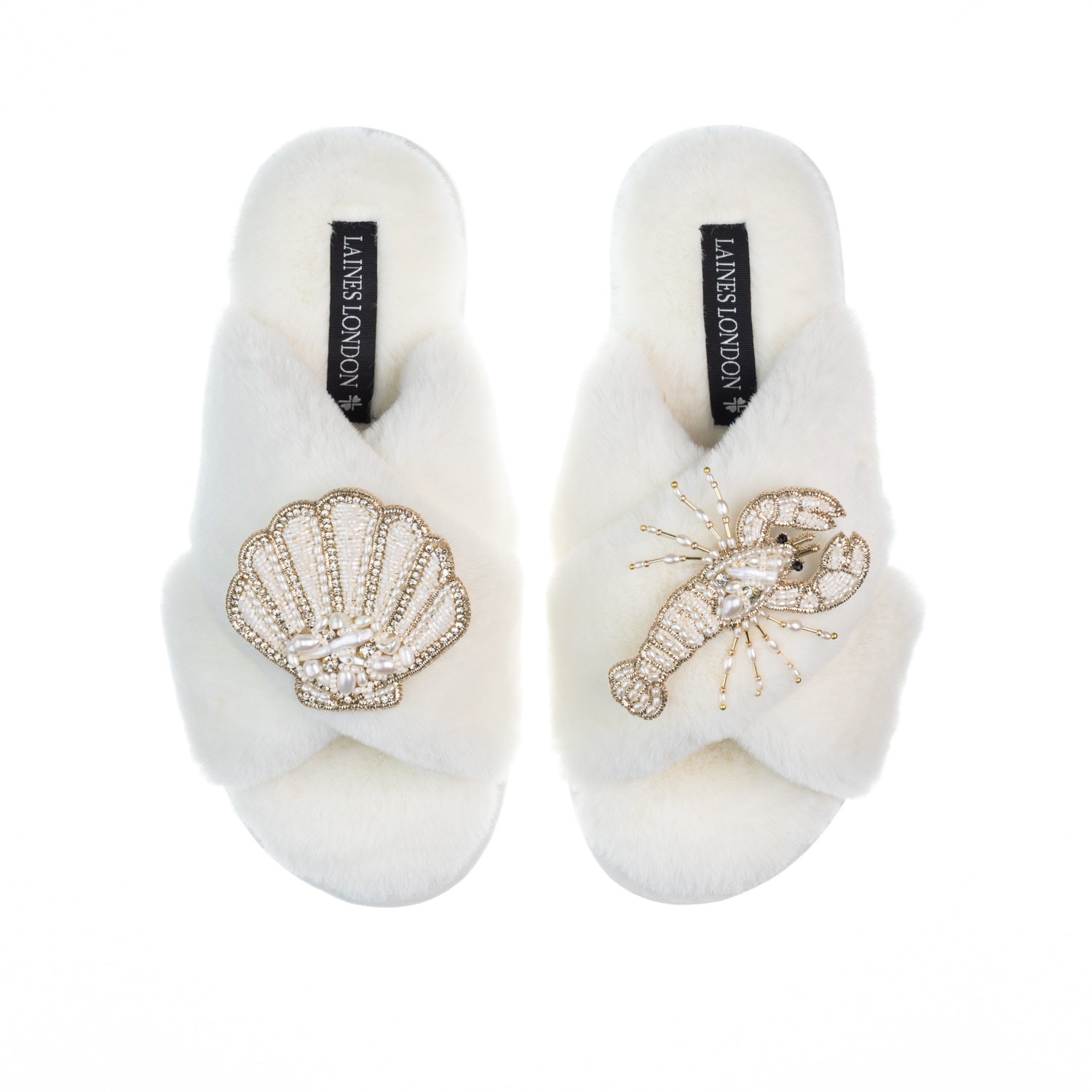 Women's White Classic Laines Slippers With Pearl Beaded Lobster & Shell Brooches - Cream | Large | Laines London