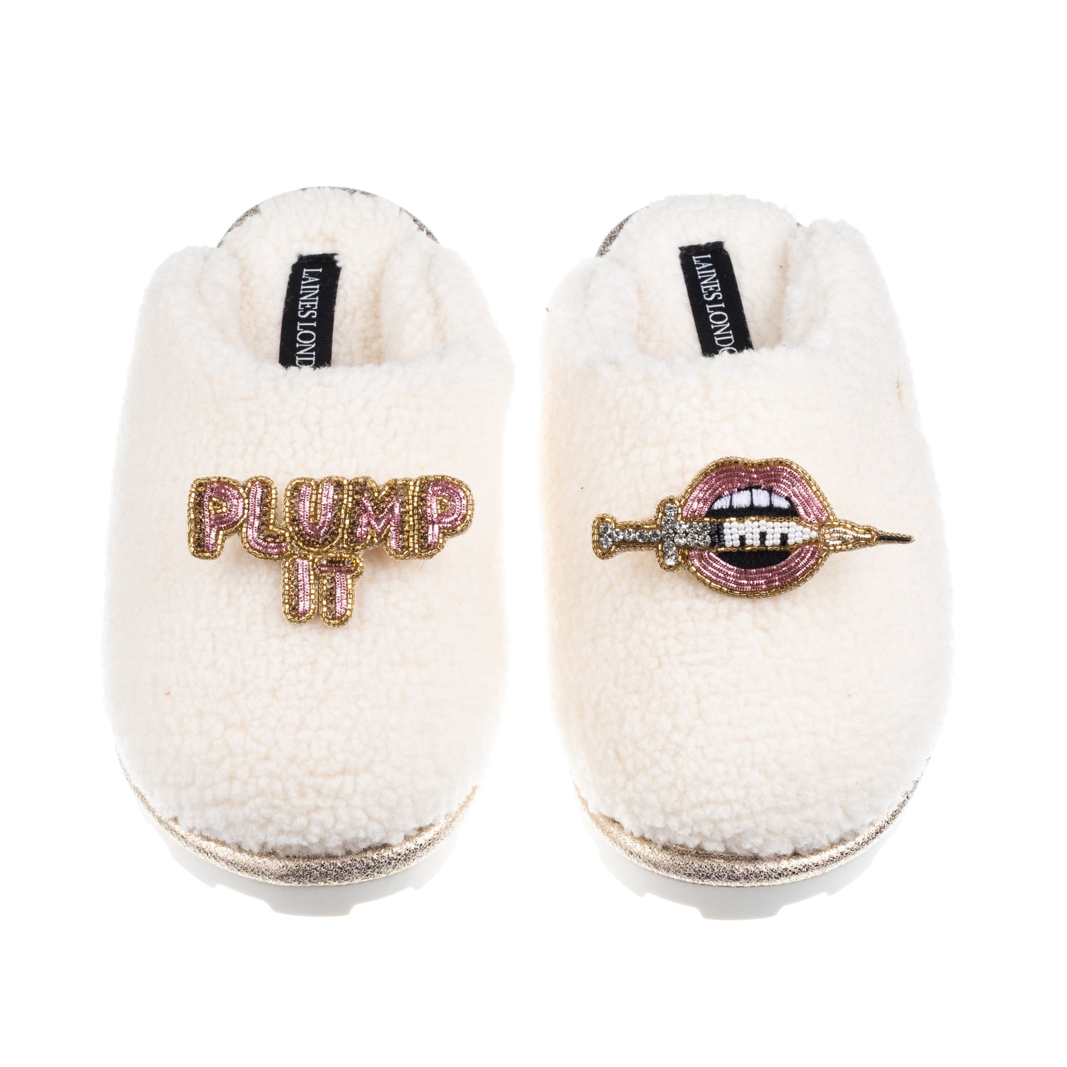 Laines London Women's Neutrals / White Teddy Closed Toe Slippers With Plump It Pout Brooches - Cream In White