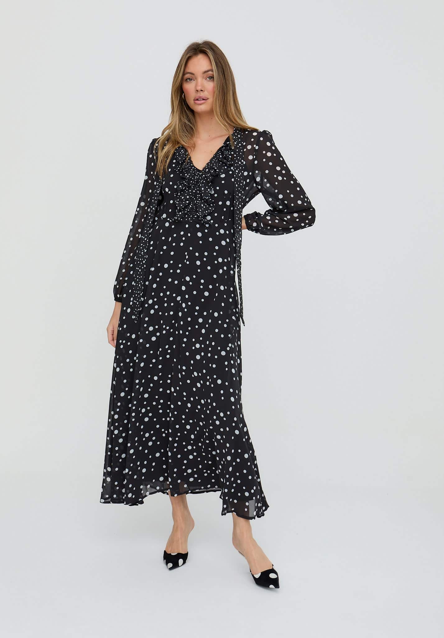 Margot Ruffle Neck Spot Print Maxi Dress In Black | Lily and